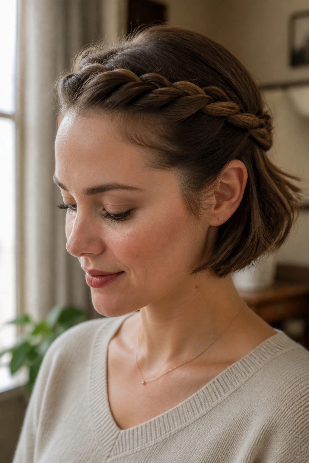 Close-up portrait of a real woman with bob-length hair styled into an inside-out twist crown