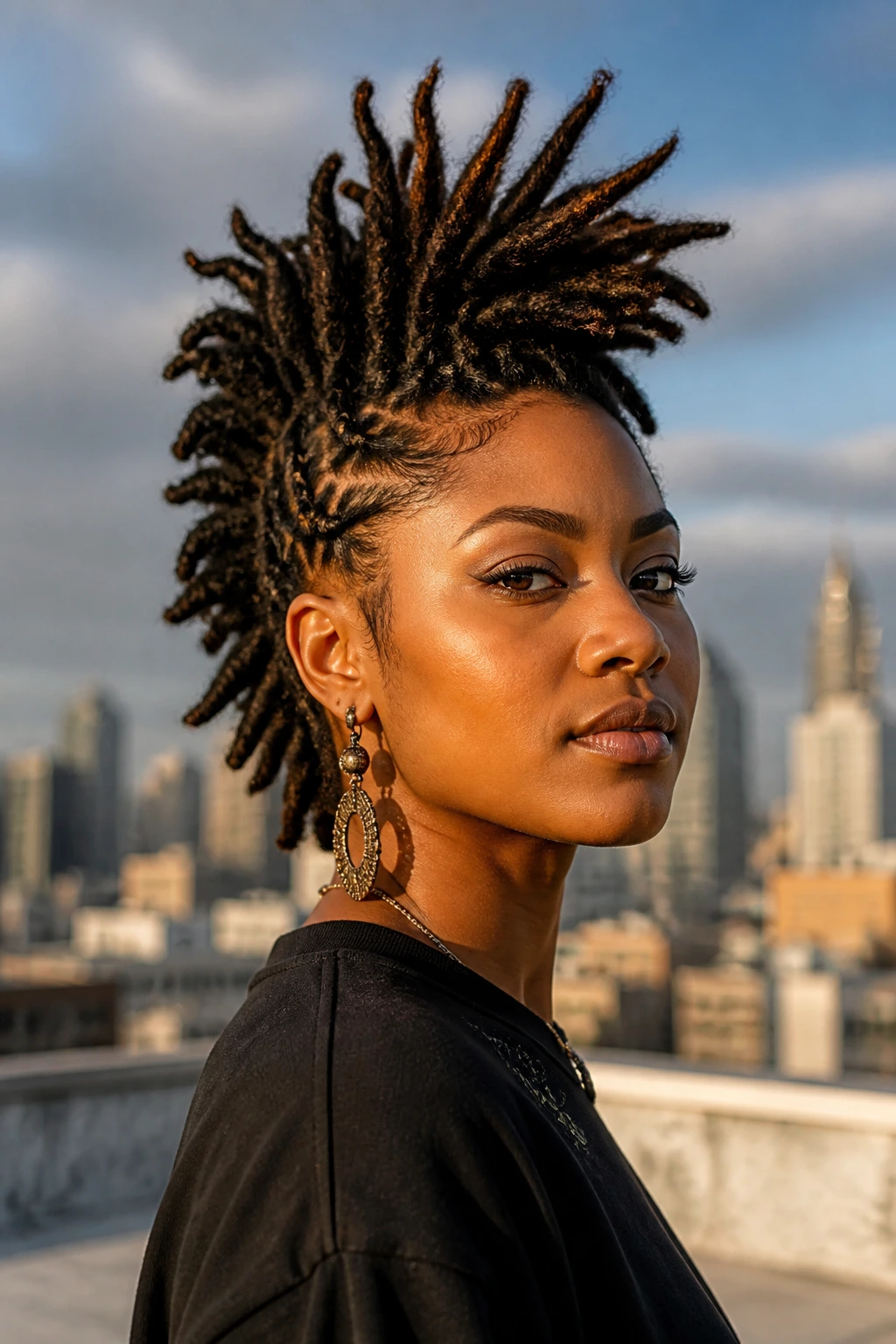 Close-up of a woman with interlocked locs styled into a high mohawk on a rooftop
