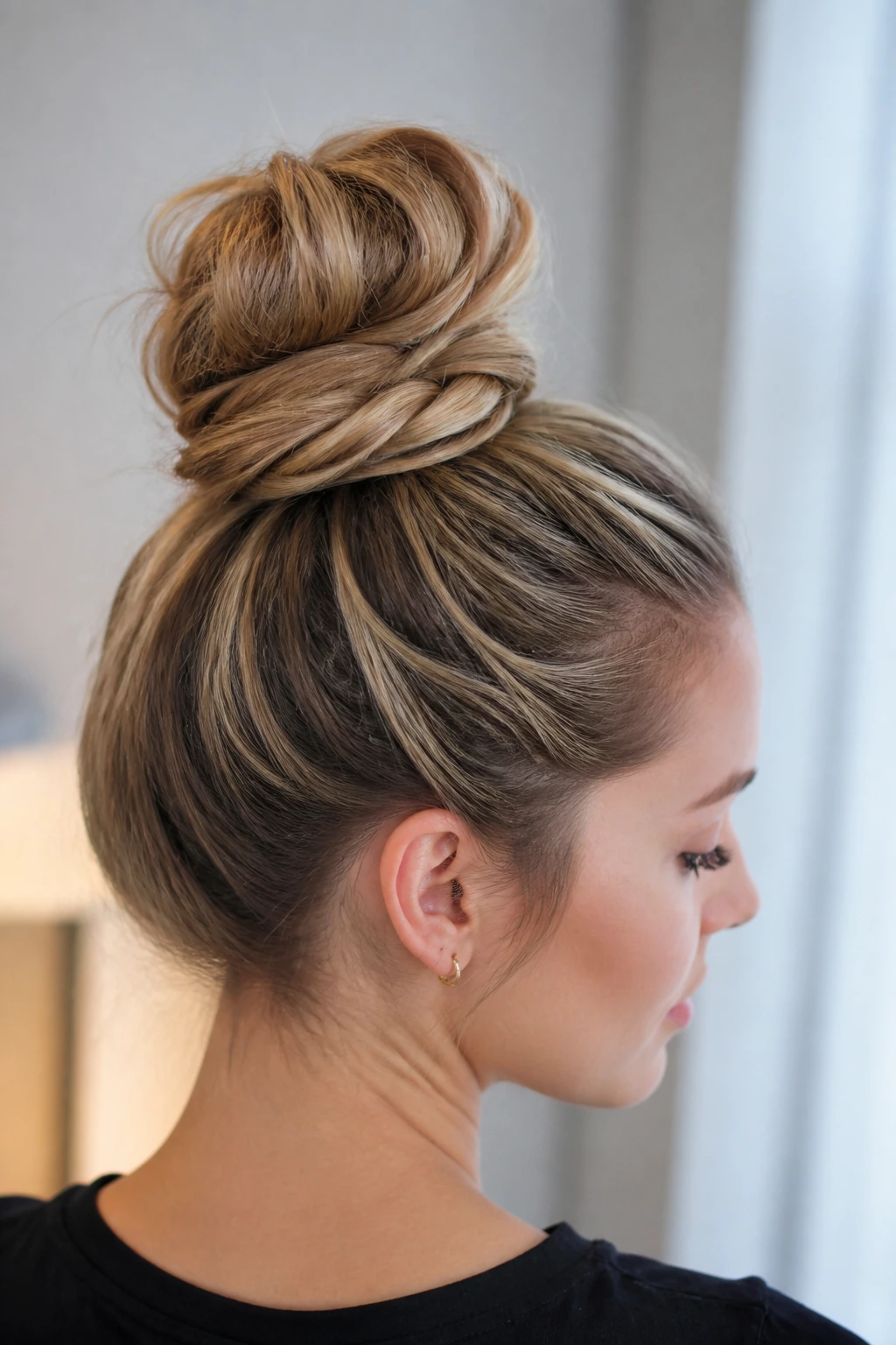 Close-up of interlocked ponytail bun hairstyle on a real woman.