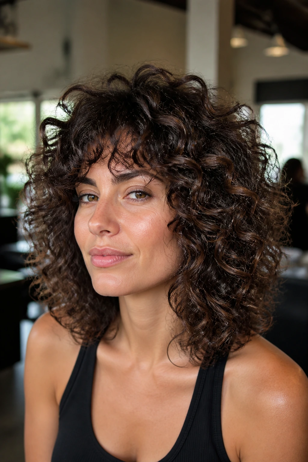 Portrait of a real person with internal-layer shag on dense curls in a bright salon