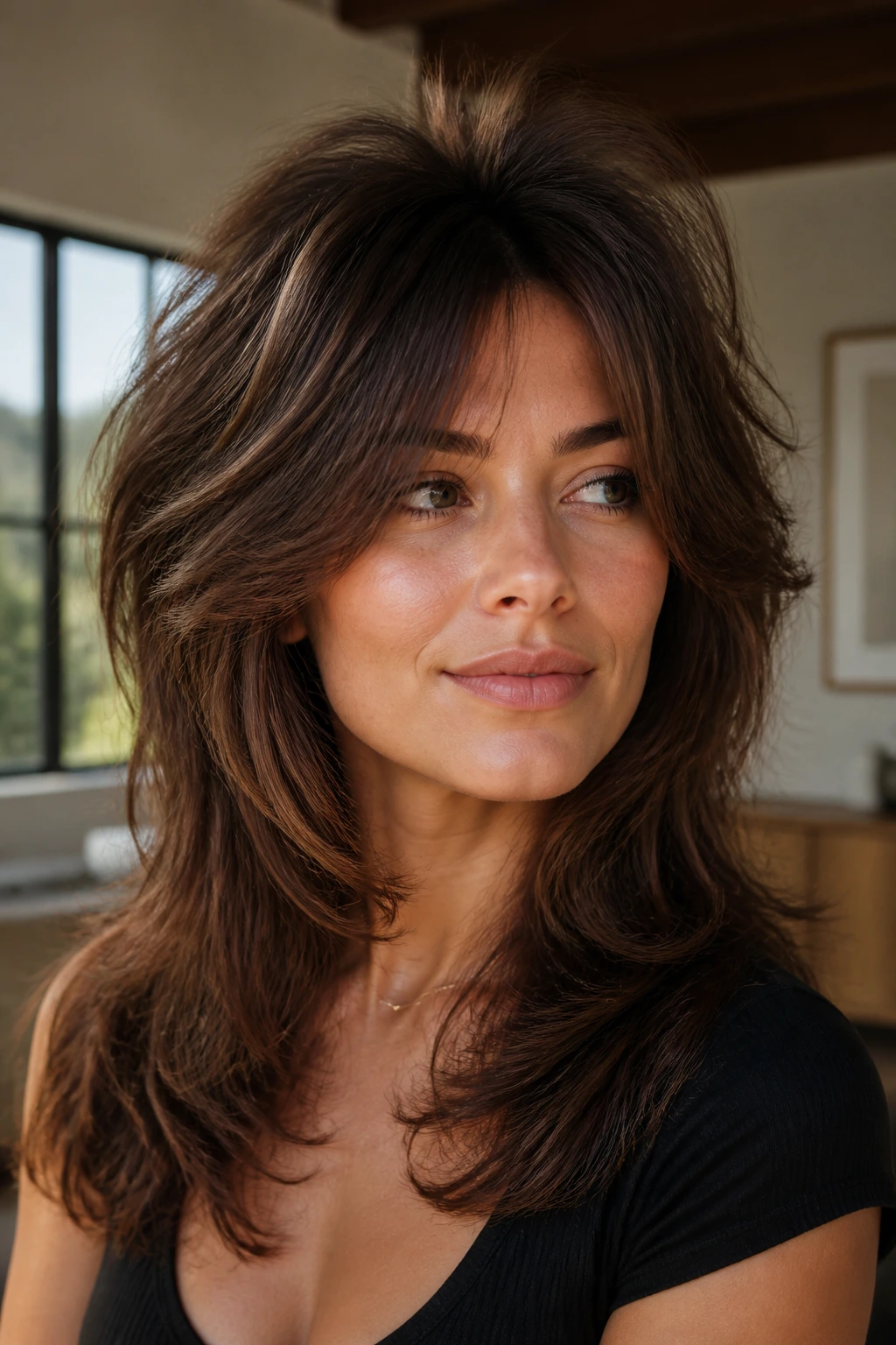 Close-up portrait of a real woman with an internal-layer shag showing hidden layers and big volume