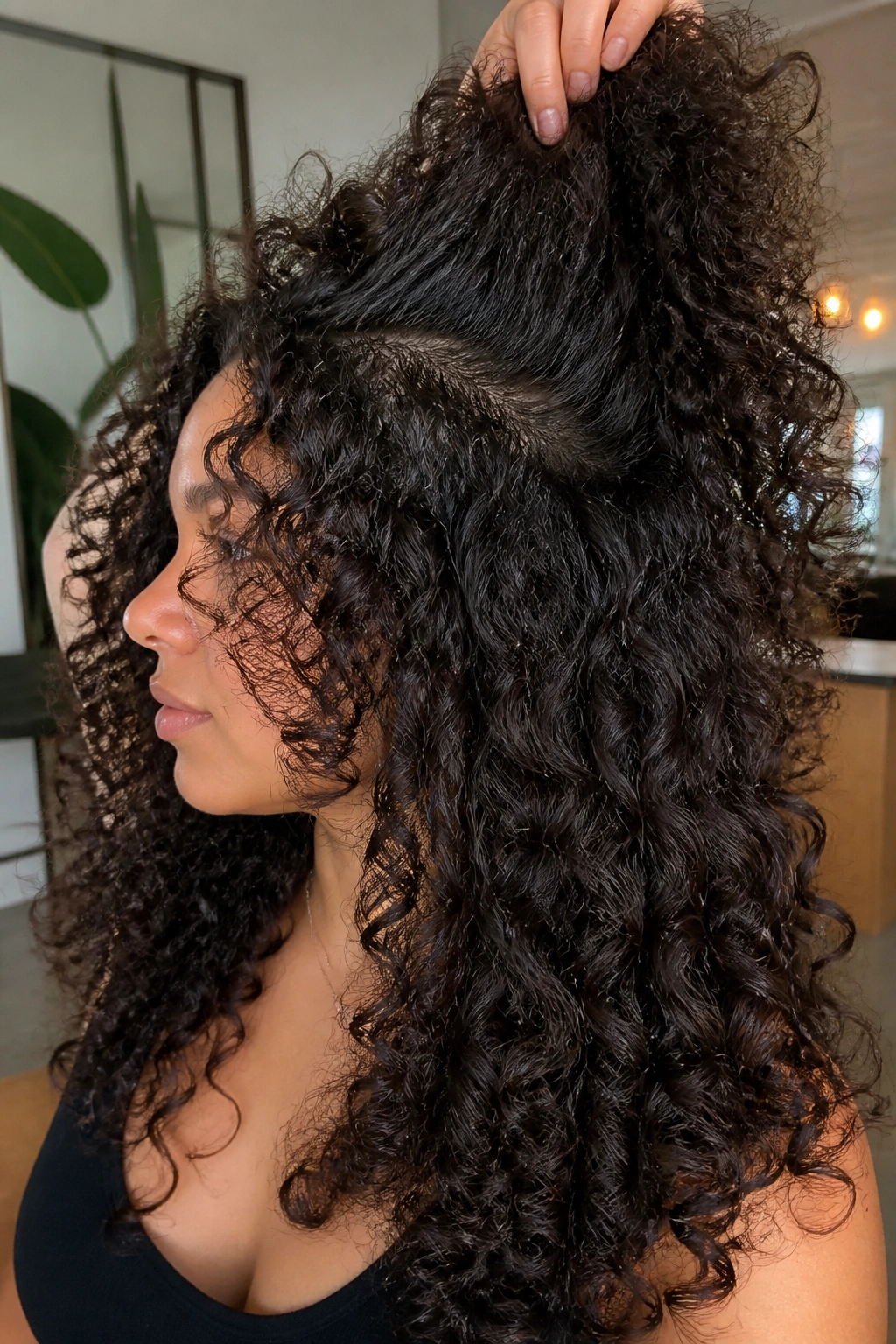 Three-quarter view of real person with internal layer lift in thick curls