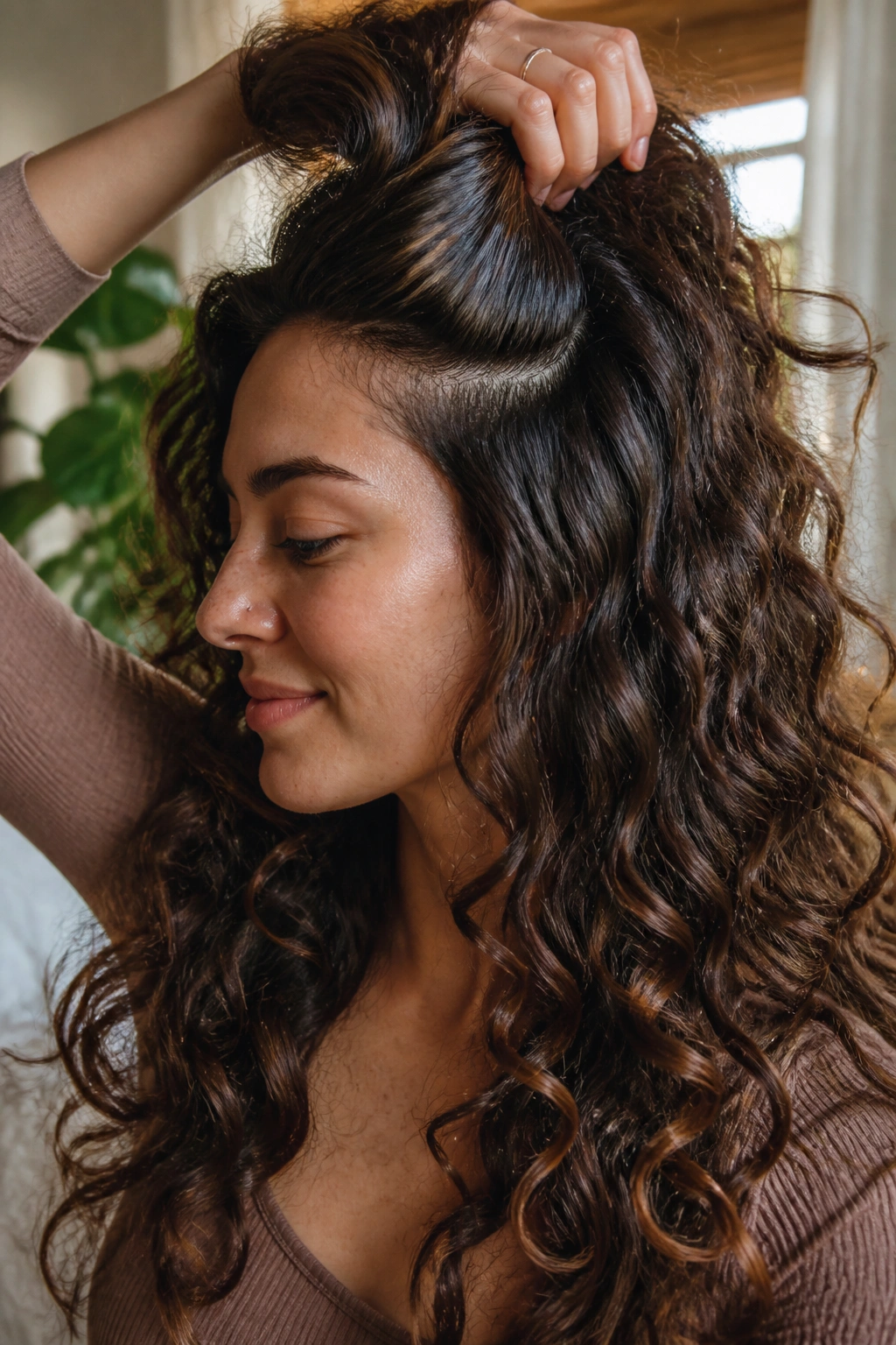 Close-up of a real woman's long curly hair showing invisible internal layers around the crown