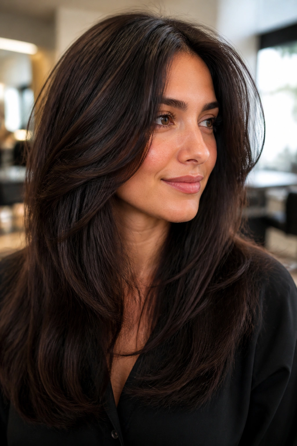 Close-up portrait of a real woman showing invisible internal layers in thick hair