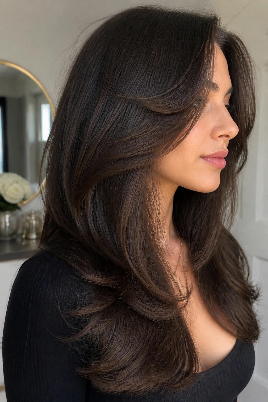 Close-up of a real woman with Internal Layers for Weight Removal showing mid-length interior layers