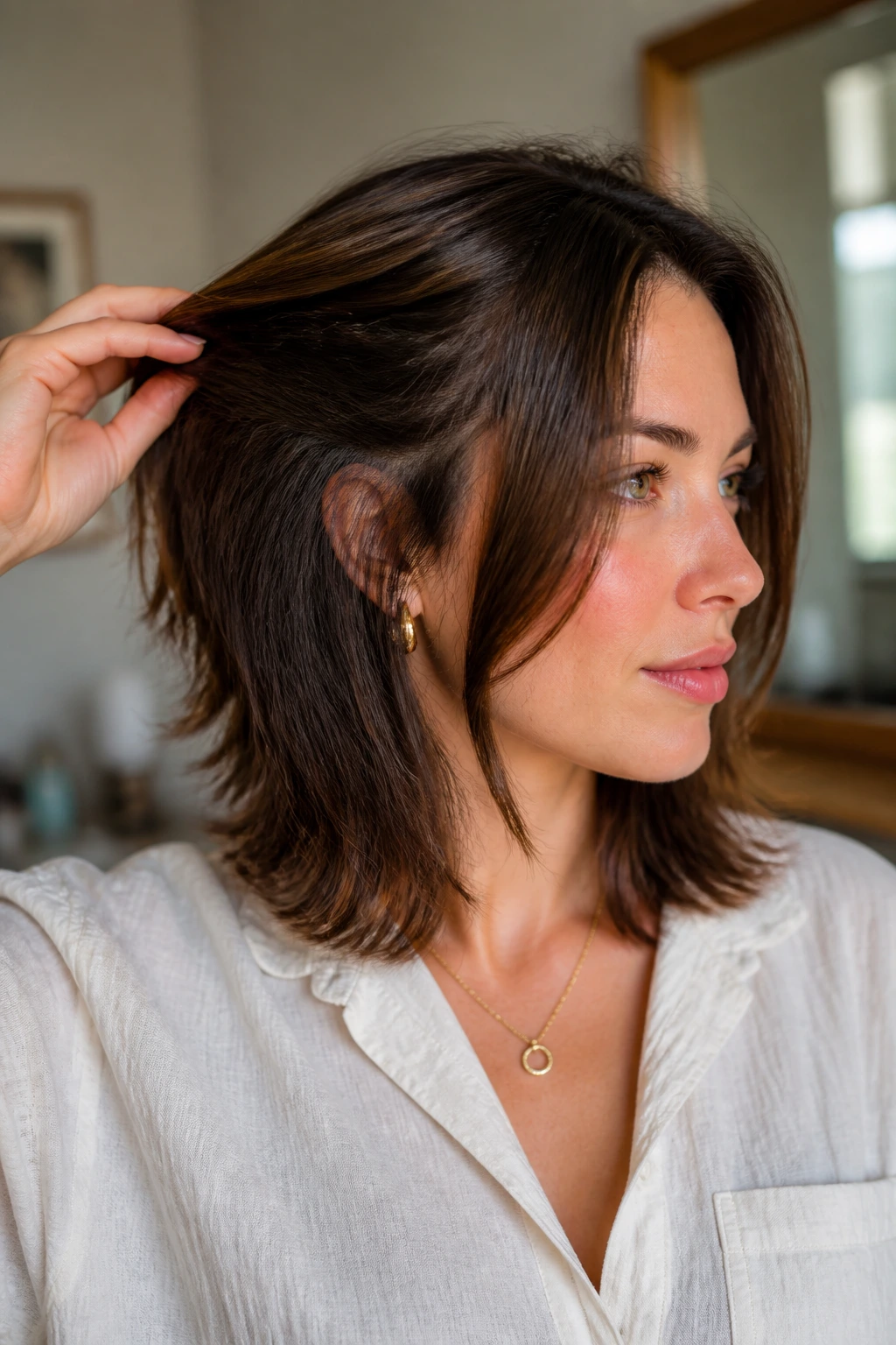 Close-up of a real person with medium-length hair showing interior weight removal.