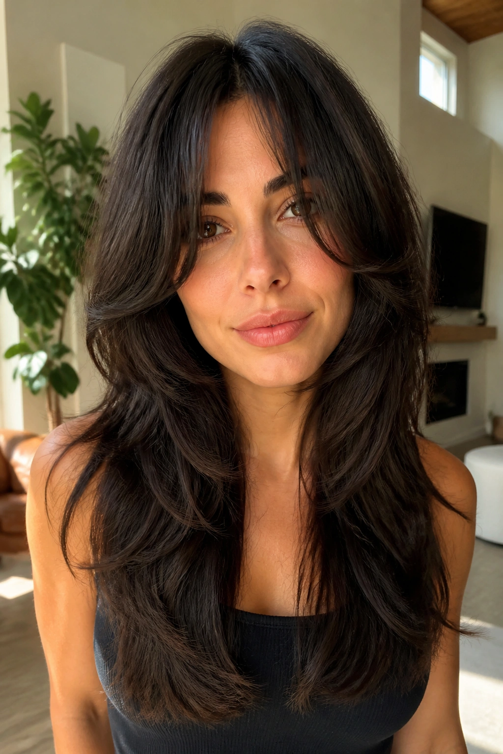 Close-up of a real person with internal-weight butterfly wolf cut for thick hair