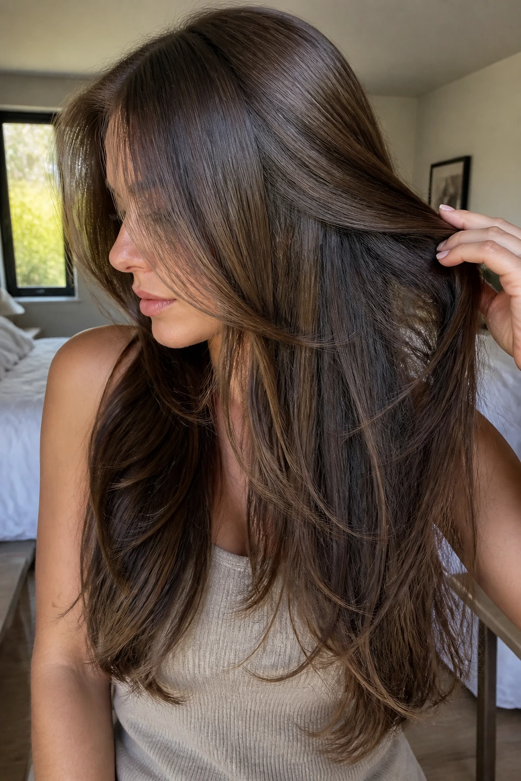 Close-up of a real woman showing inner weight-removal layers in long hair