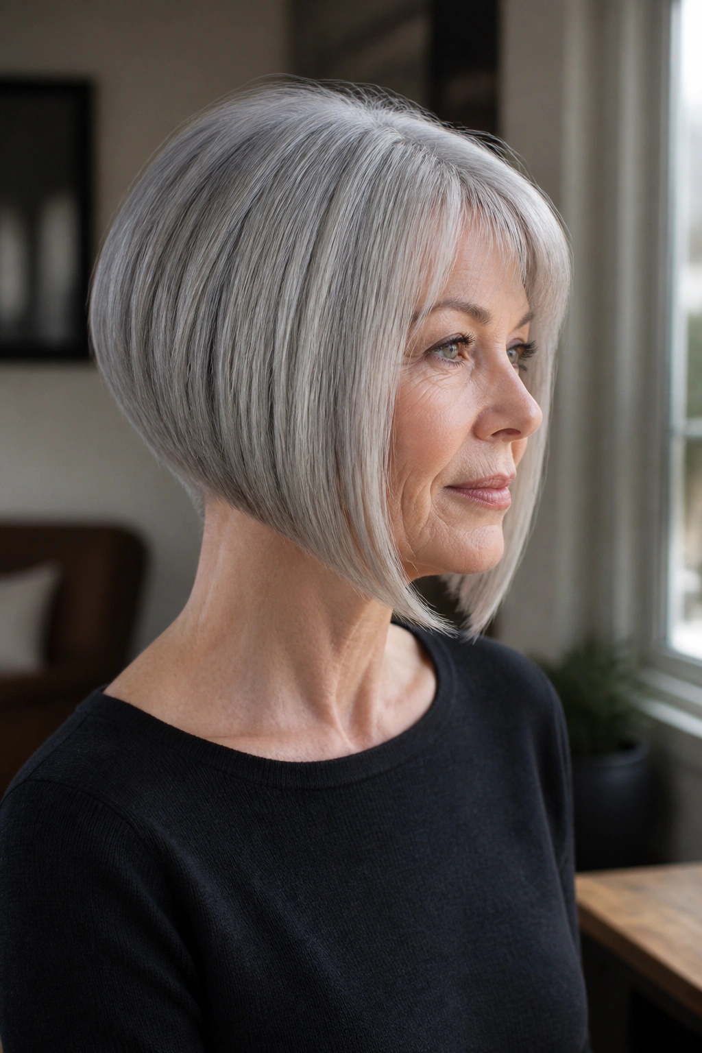 Three-quarter portrait of a woman with inverted bob and A-line front, gray hair, natural light.