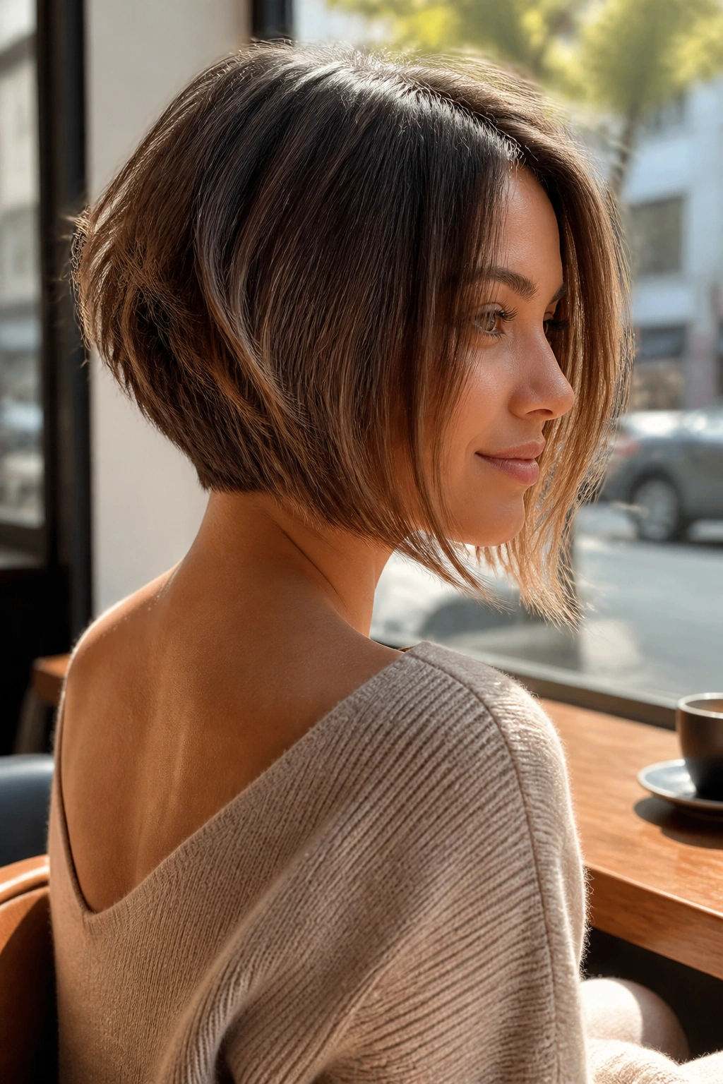 Close-up of a real woman with an inverted bob in a sunlit cafe setting
