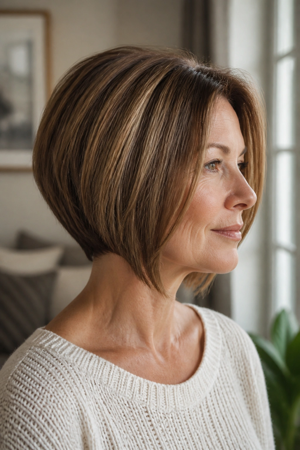 Close-up portrait of a real woman with an inverted bob with a slight angle in warm window light