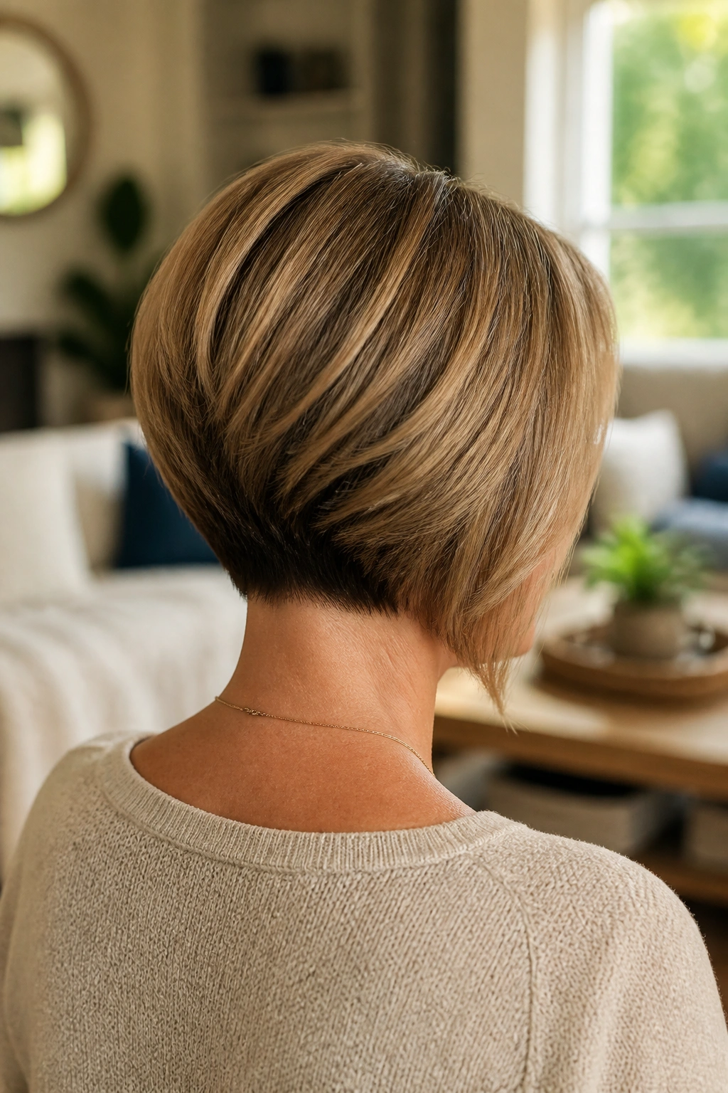 Back view portrait of a real woman with an inverted bob showing lifted crown