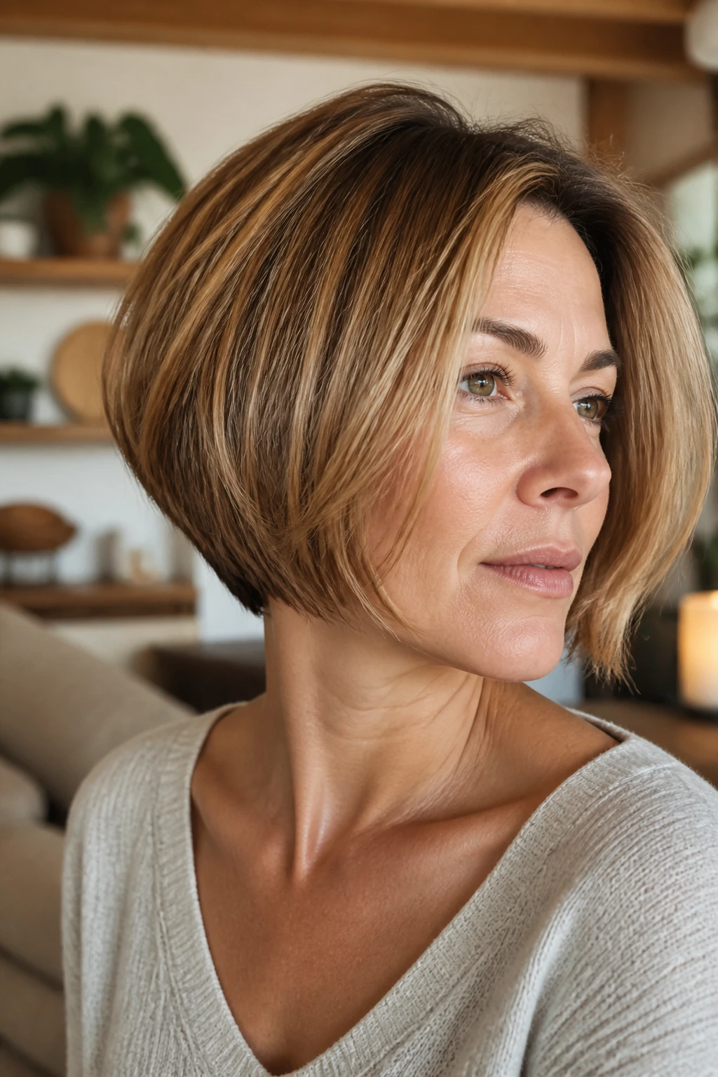 Close-up portrait of a real woman with an understated inverted bob showing a shorter back and longer front.