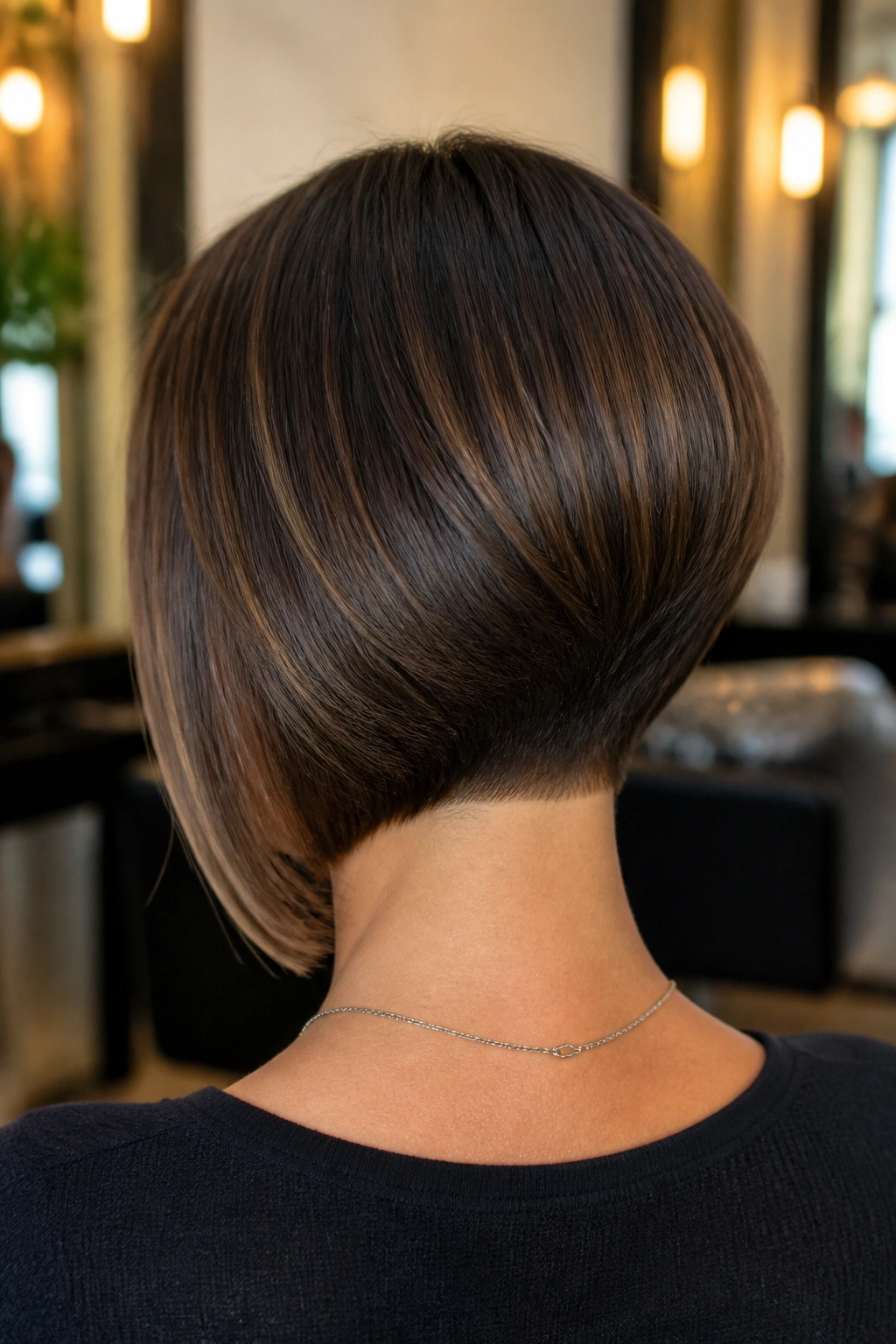 Rear portrait of a real woman displaying the stacked back of an inverted bob in a warm salon setting