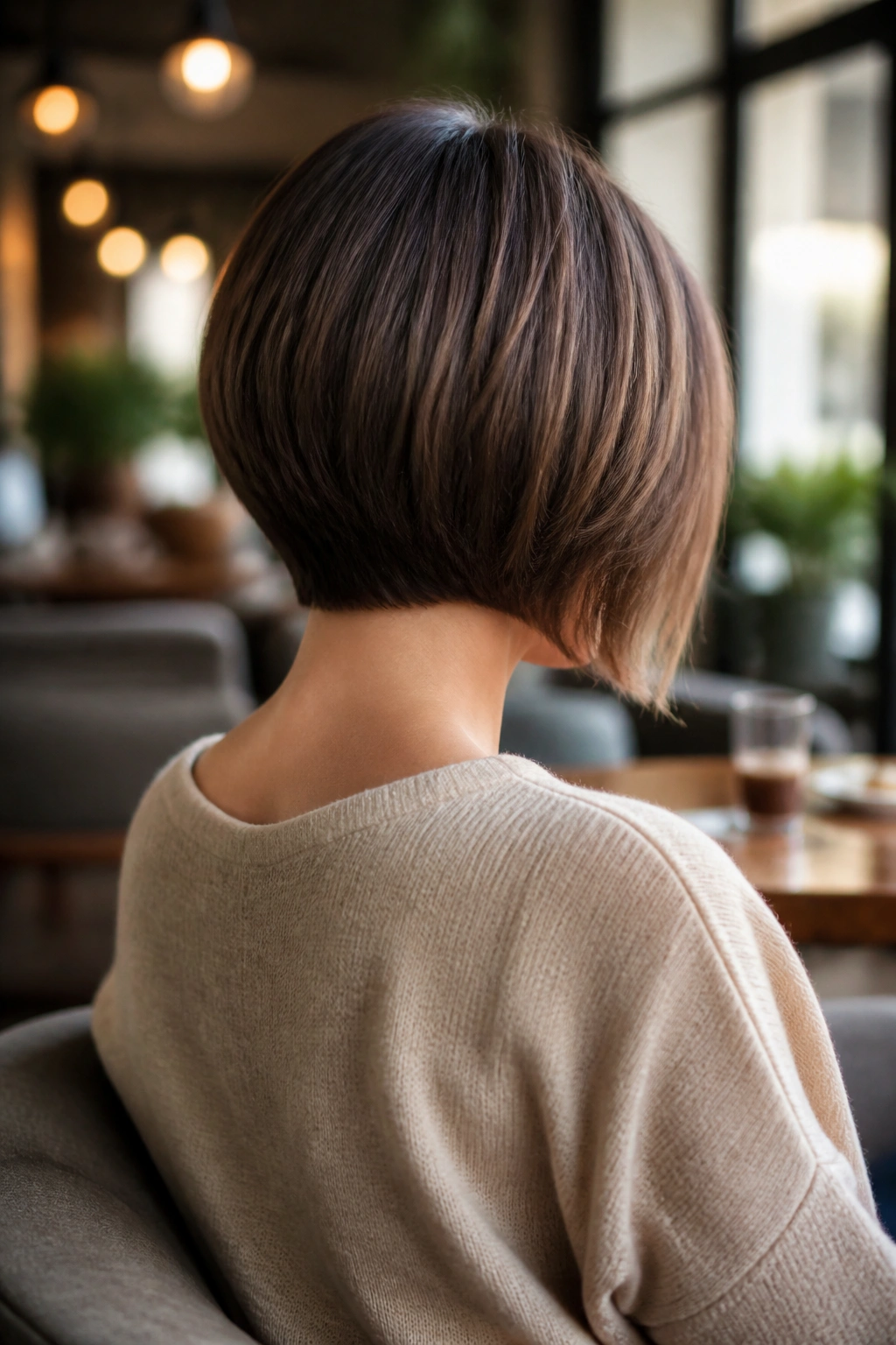 Back view of a real woman with a subtle inverted bob showing a clean back and lifted nape