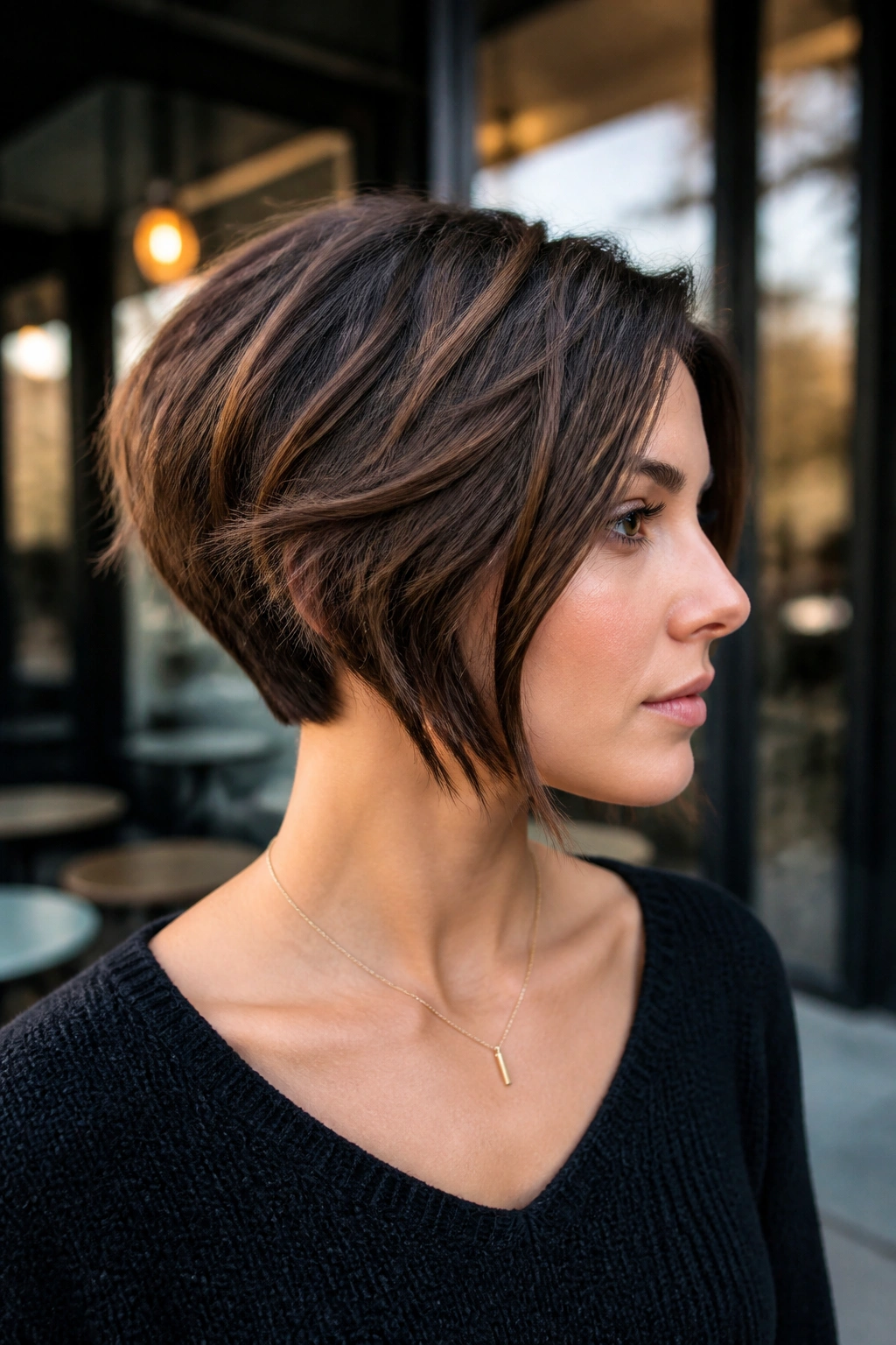 Three-quarter portrait of a real woman with inverted choppy bob and clean angle.