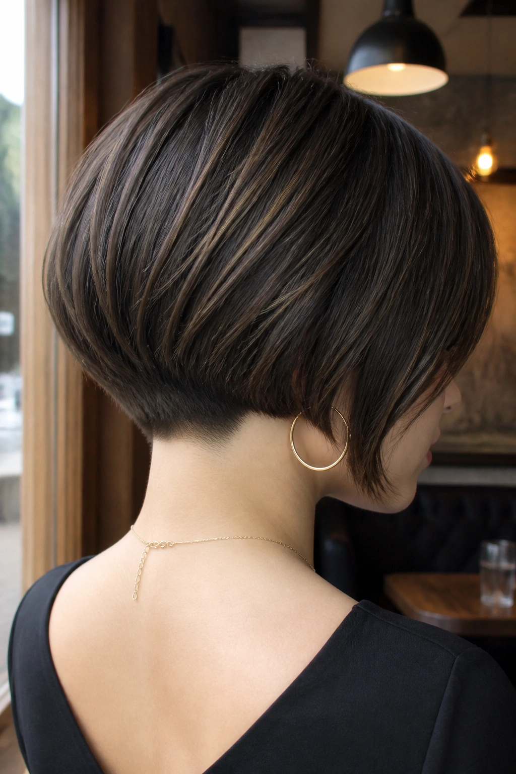 Portrait of a real person with an inverted bob and clean nape in a cafe setting