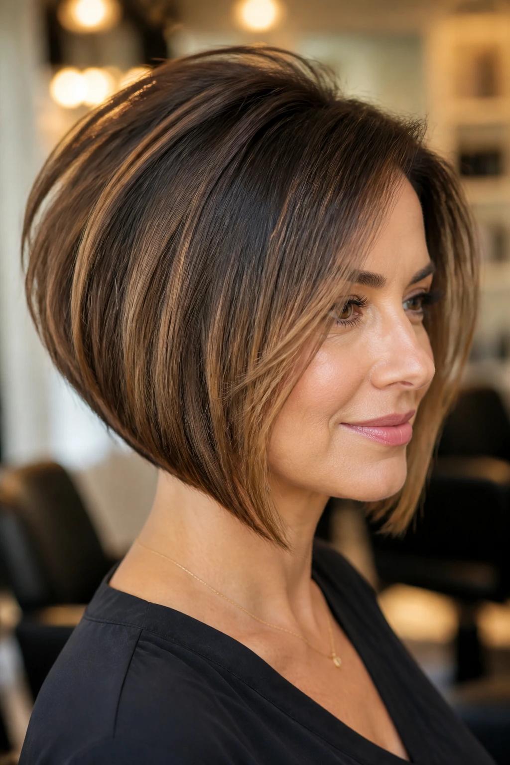 Close-up of a real woman with an inverted bob and airy crown volume.