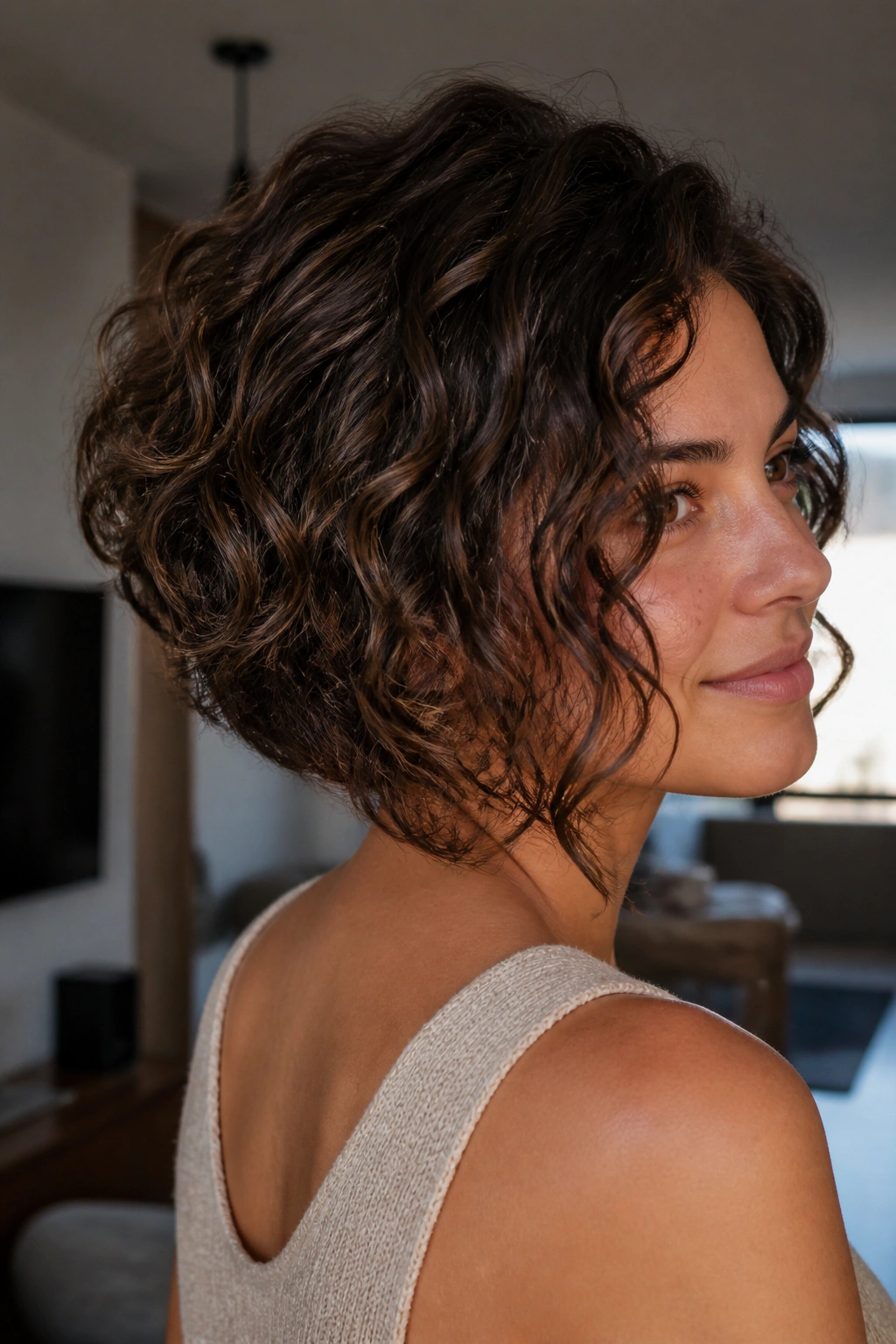 Profile view of a real woman with inverted bob showing back lift