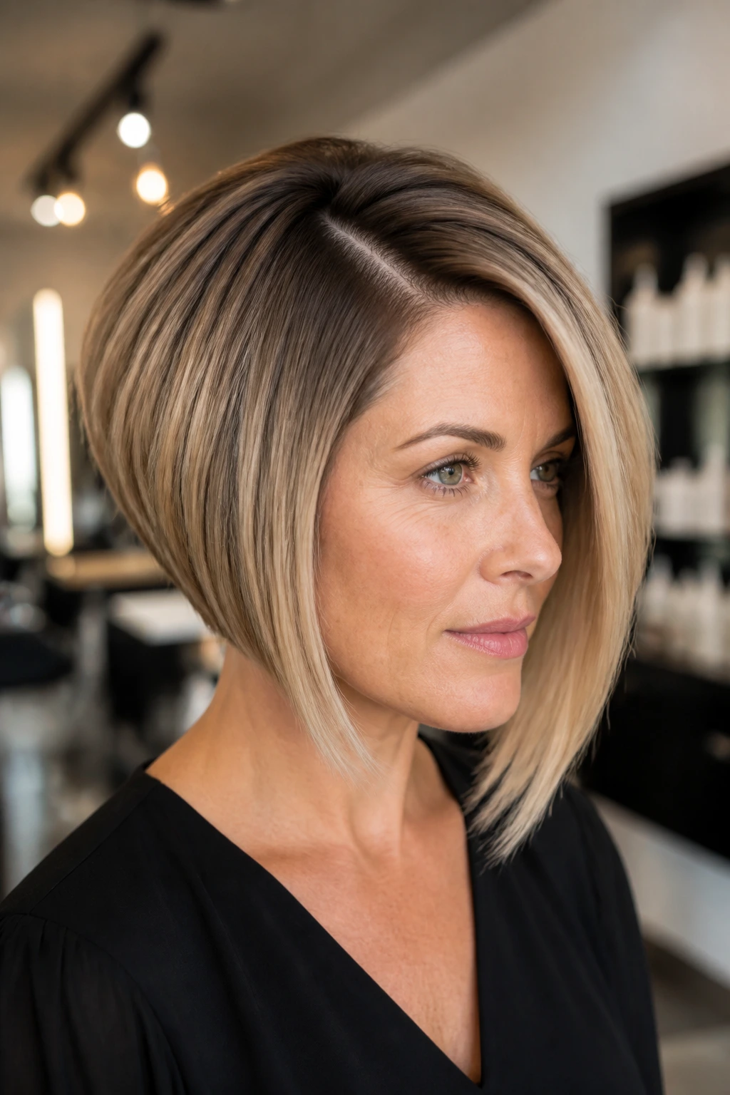 Portrait of a real woman with an inverted bob and deep side part showing lift.