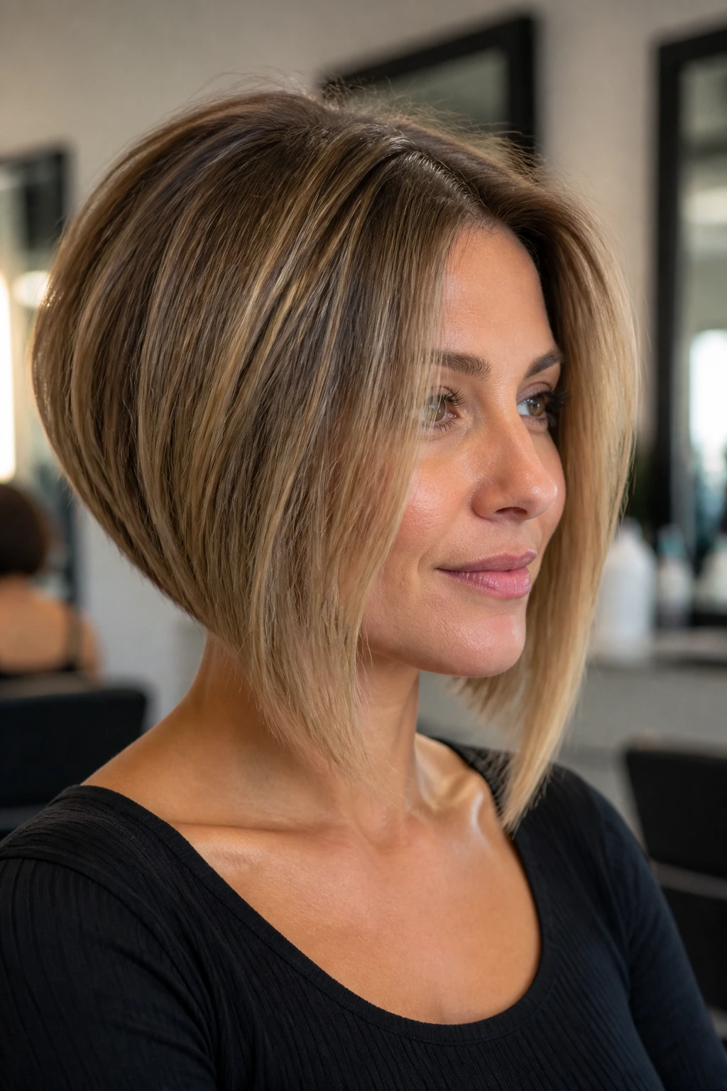 Close-up of a real woman with an inverted bob and face-framing layers under natural window light