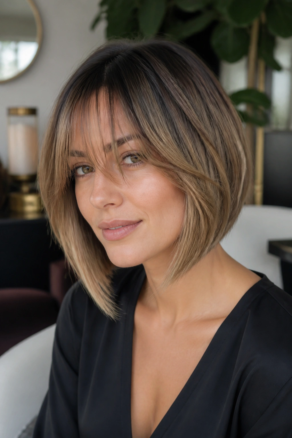 Head-and-shoulders portrait of a real woman with inverted bob and long feathered bangs