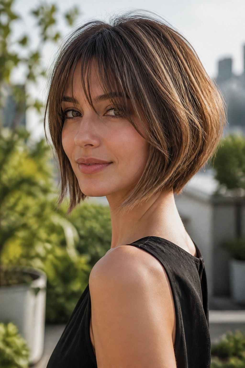 Real woman with inverted bob and feathered bangs in sunlit setting