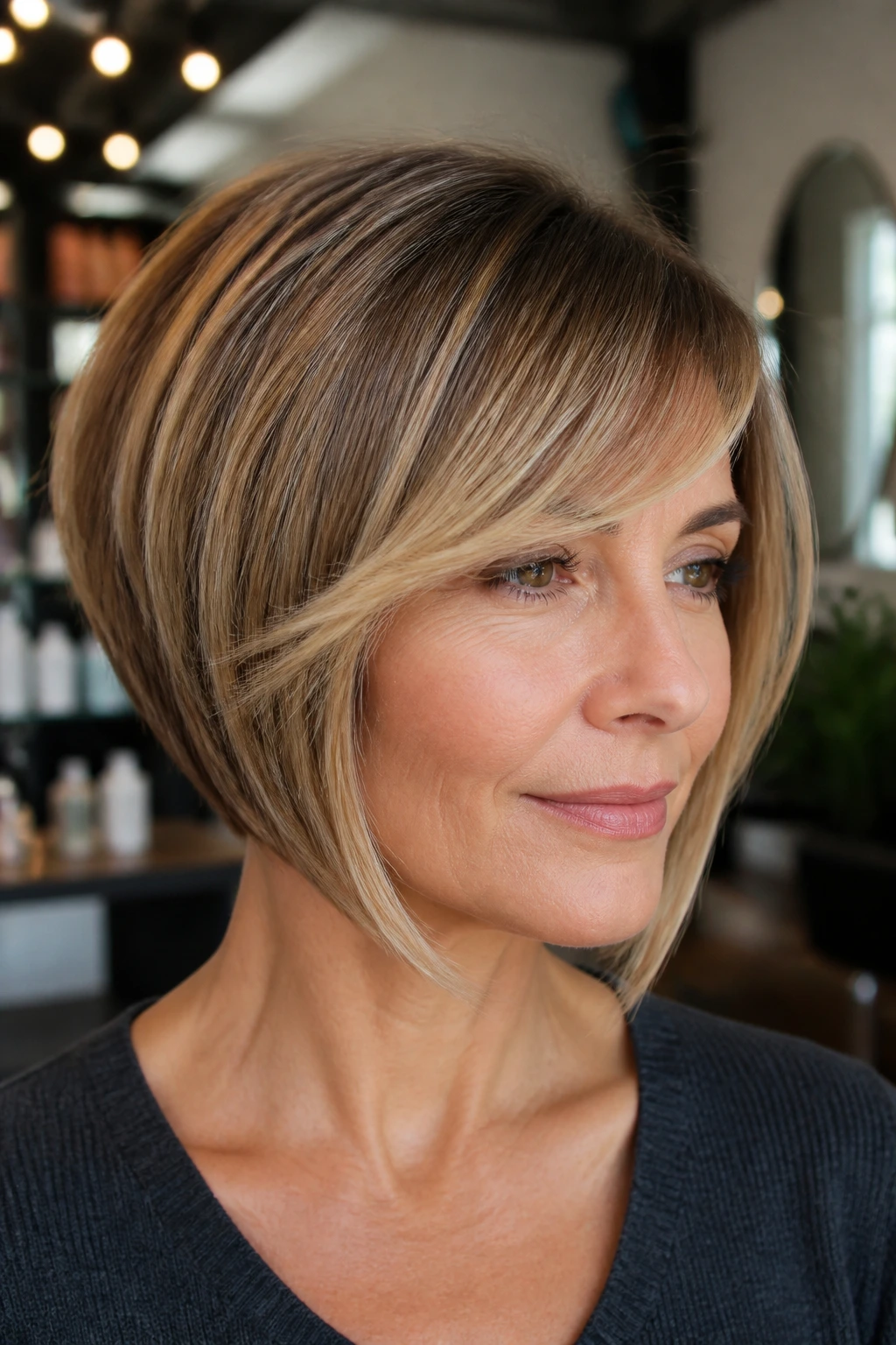 Close-up of a woman with inverted bob and feathered side bangs in a chic salon