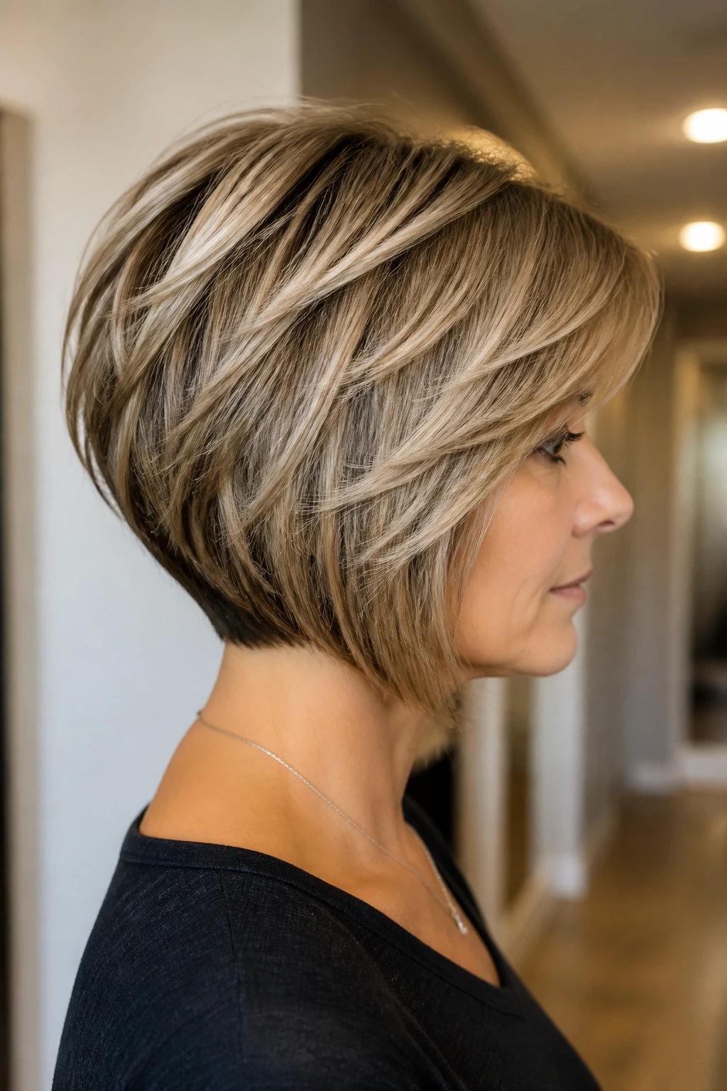 Side-profile of a real woman with an inverted bob and feathered layers in warm indoor light