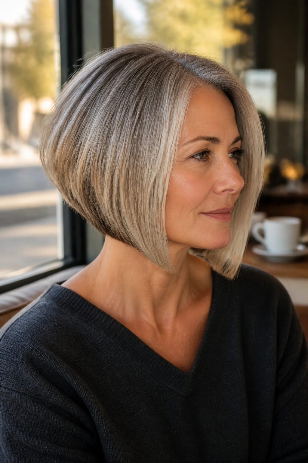 Medium close-up of a real woman with a soft inverted bob and gentle angle.