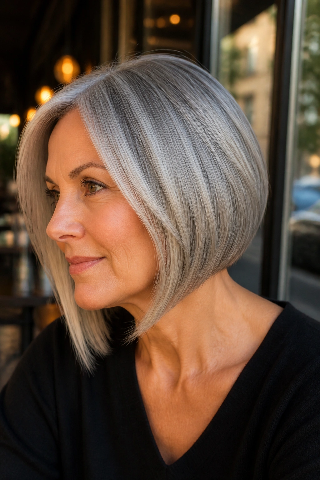 Close-up portrait of a real woman with an inverted bob and gray hair