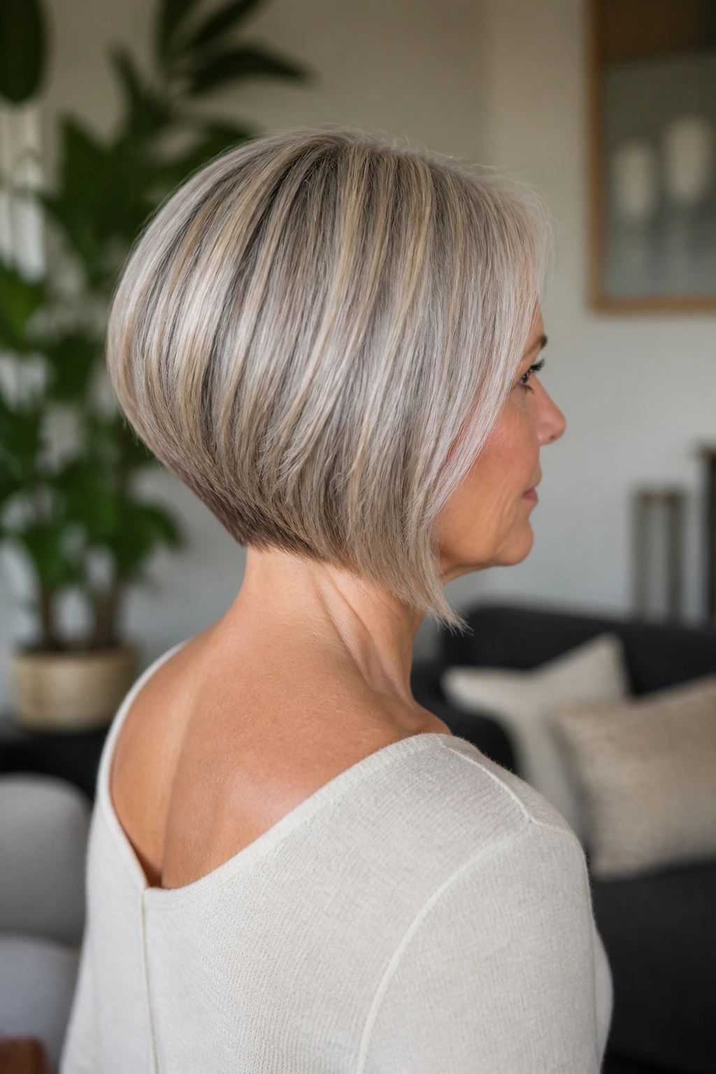 Three-quarter rear portrait showing inverted bob silhouette on a real woman