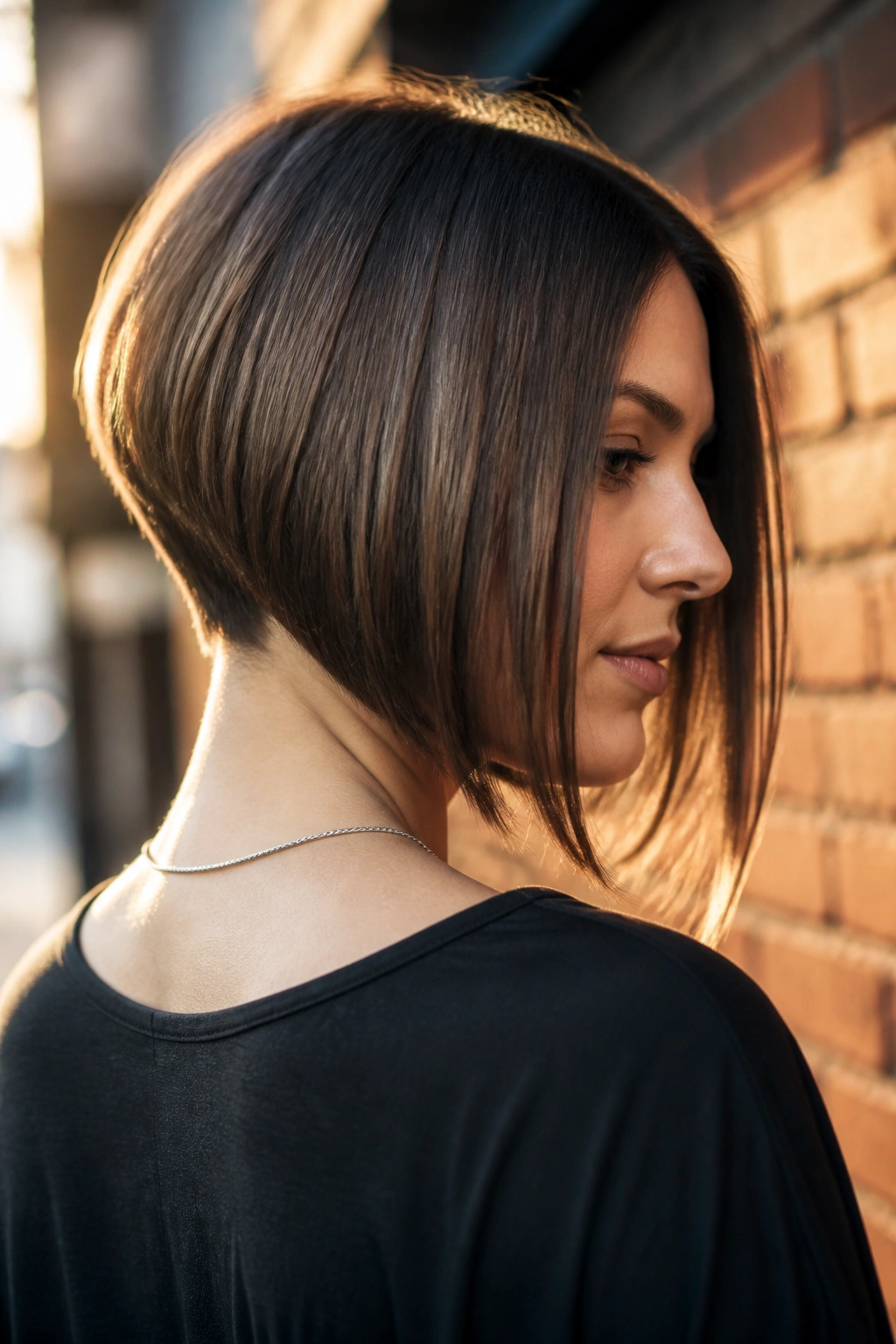 Close-up of a real woman with an inverted bob in an urban street setting.