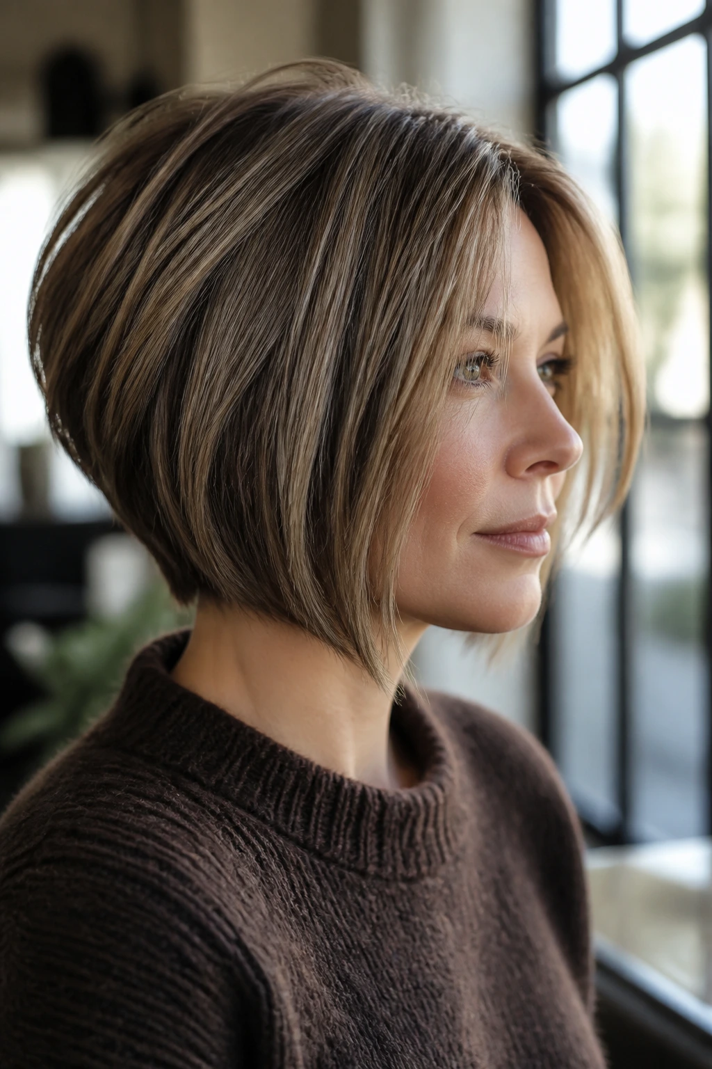 Real person with inverted bob showing stacked back and angled front to chin