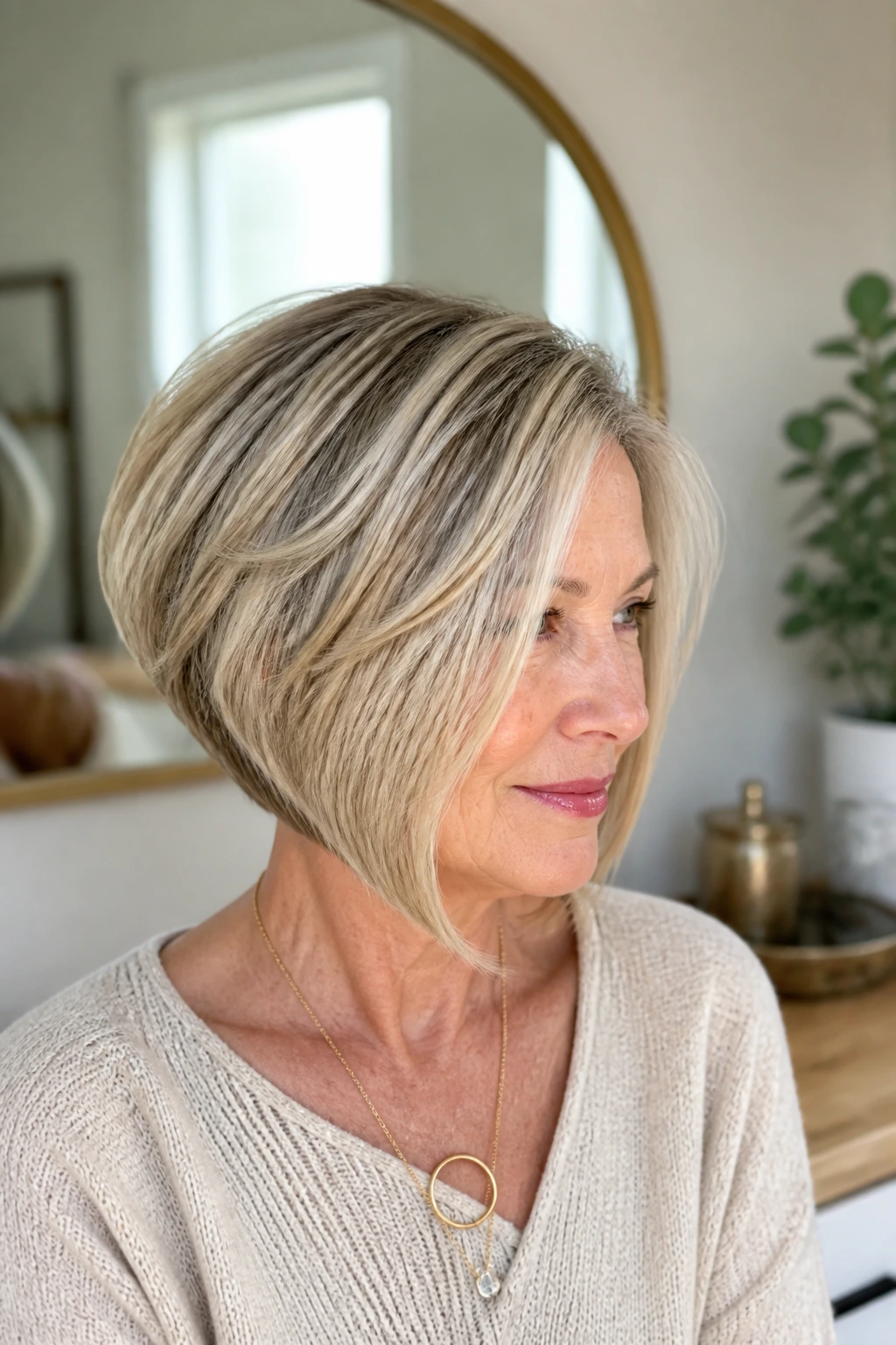 Portrait of a real woman with inverted bob and soft interior layers