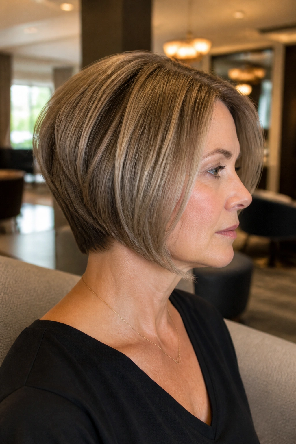 Real woman with inverted bob styling and lifted back in a stylish lounge