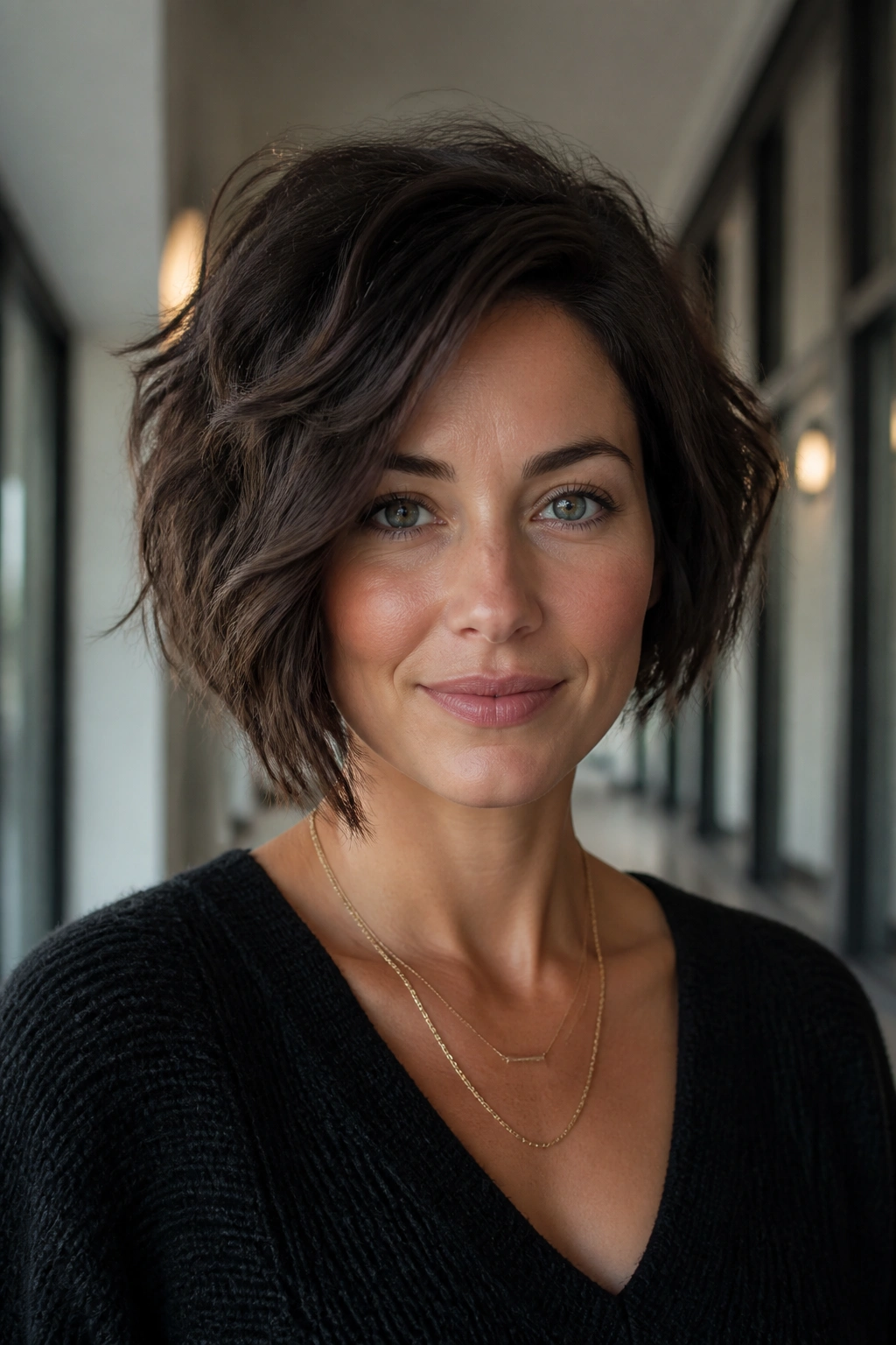 Close-up portrait of a real woman with inverted bob and lifted nape.