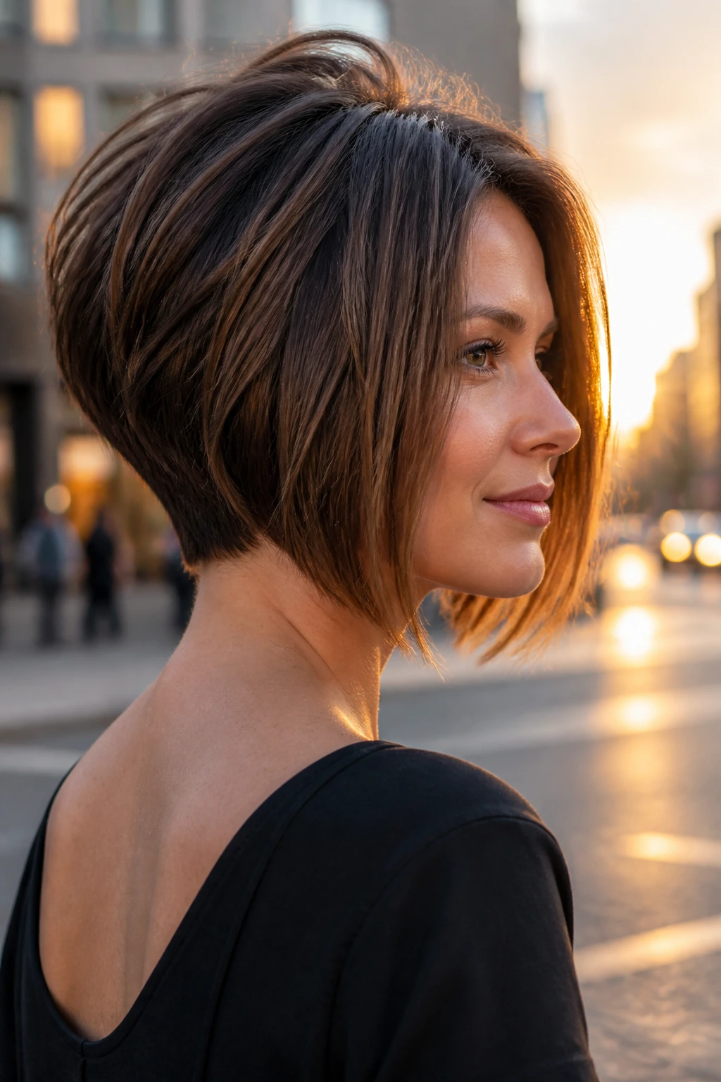 Close-up of a real woman with an inverted bob and lifted nape