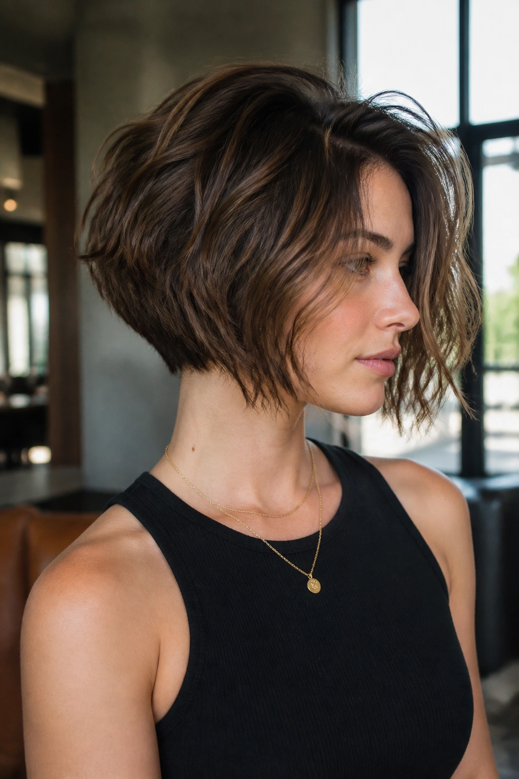 Three-quarter portrait of a real woman with inverted bob, lifted nape and stacked back.