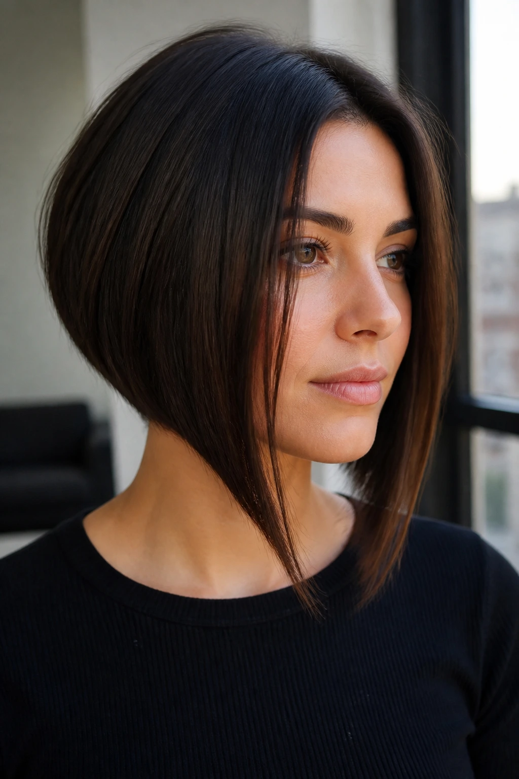 Portrait of a woman with an inverted bob and long front corners showing diagonal edge