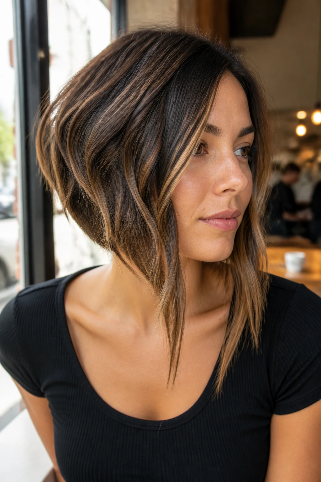 Portrait of a woman with inverted bob and long front pieces in cafe light