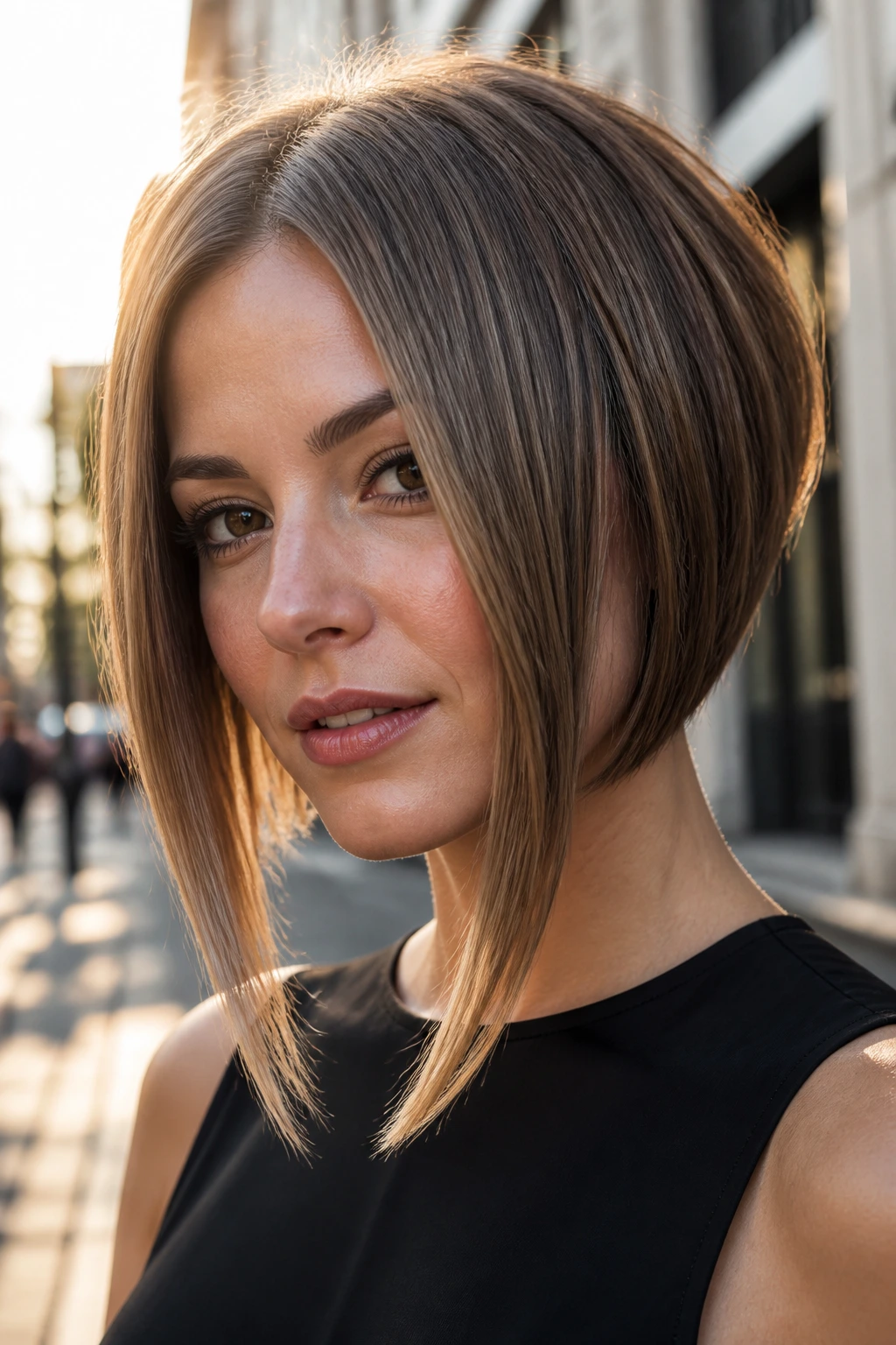 Close-up portrait of a real woman with an inverted bob and long front pieces.