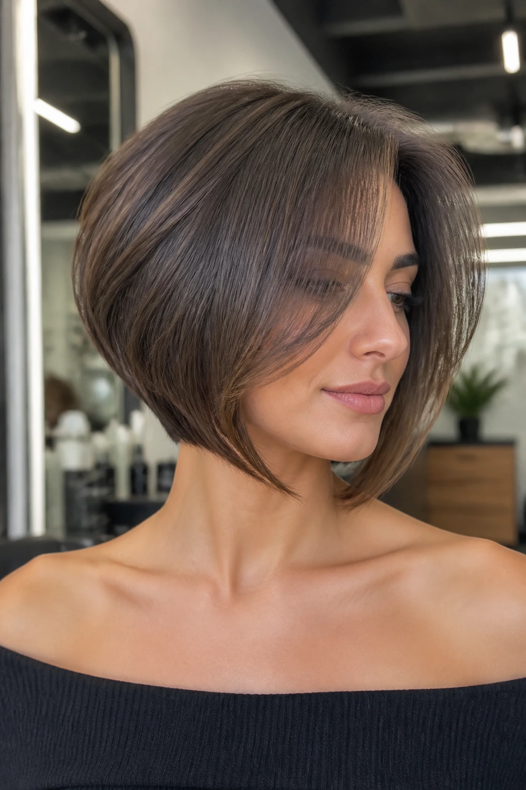 Close-up of a real person with an inverted bob and longer front pieces in a stylish salon.