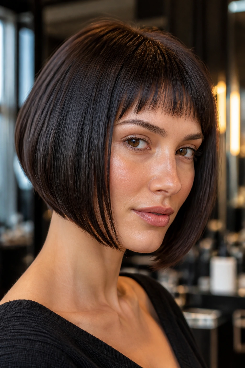 Close-up portrait of a real woman with an inverted bob and micro bangs in a modern salon