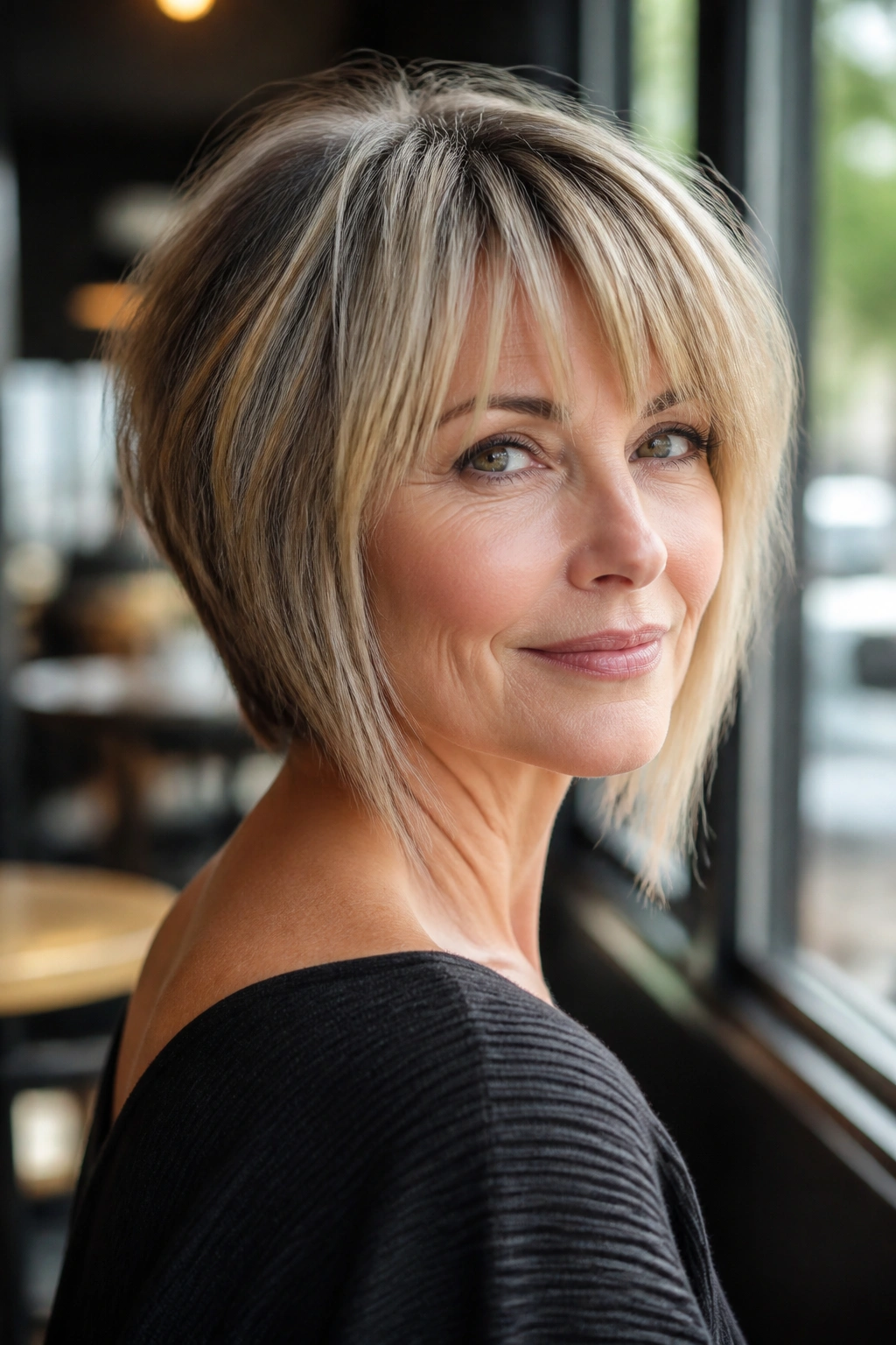 Portrait of a woman with inverted bob and piecey fringe in sunlit cafe light