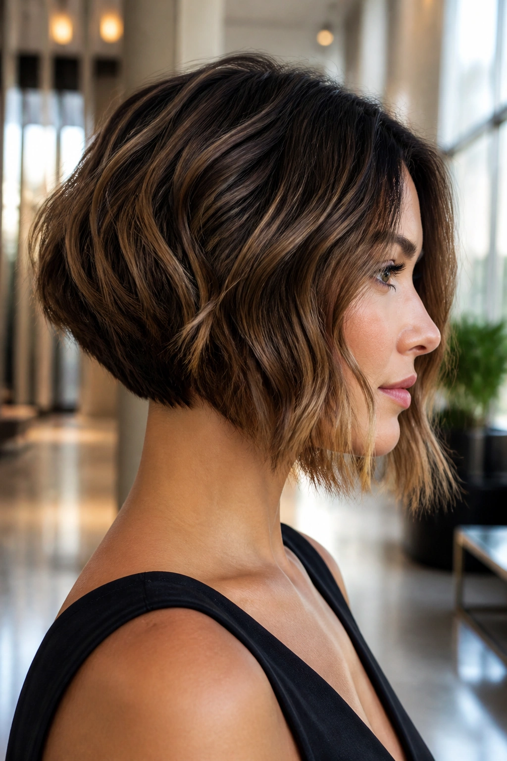 Real woman with inverted bob, dramatic short-back long-front silhouette