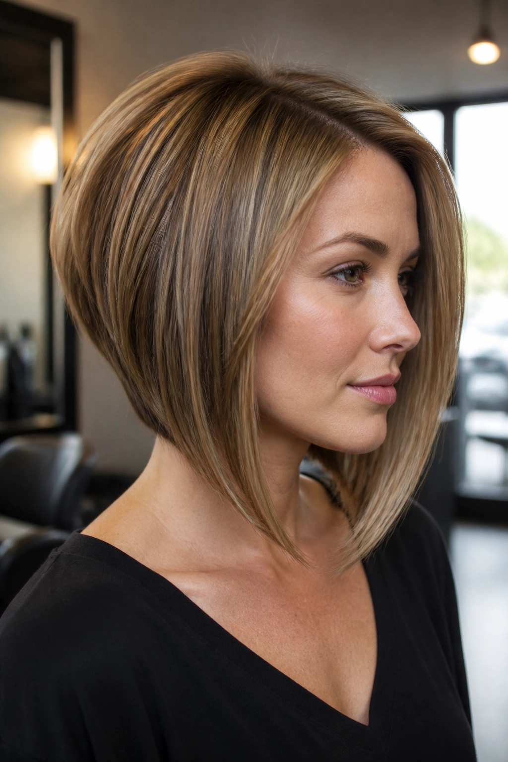Close-up portrait of a real woman with an inverted bob showing lifted crown and longer front.