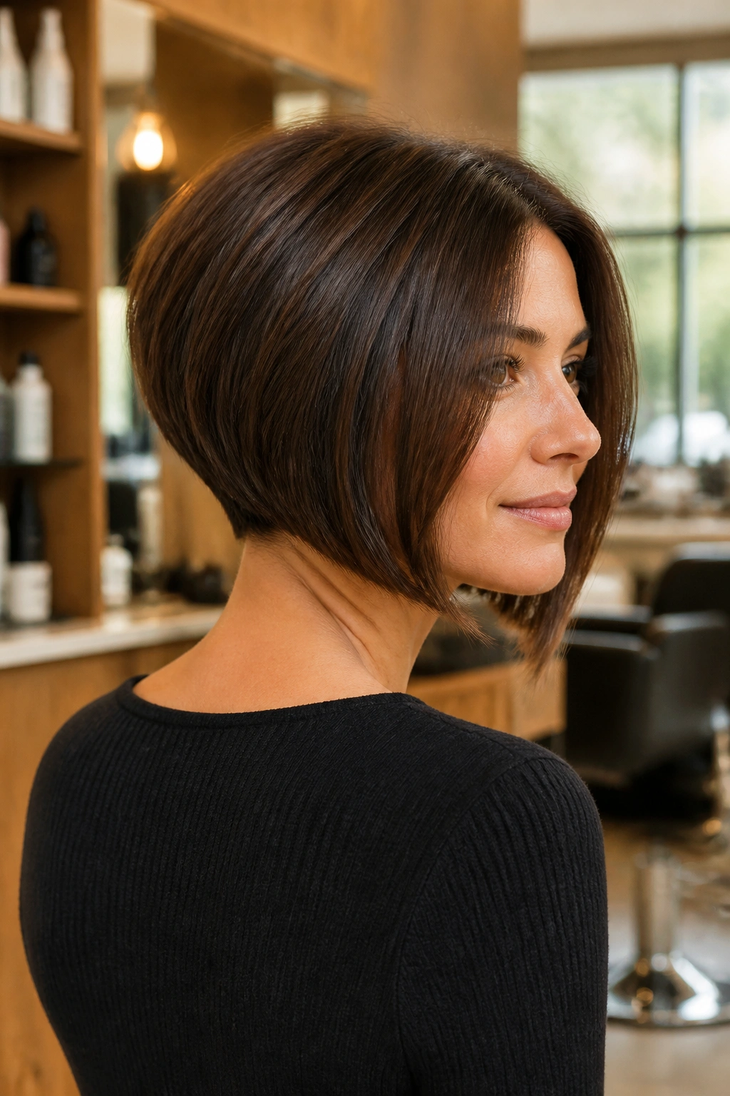 Close-up of a real woman with an inverted bob showing stacked nape and longer front in a softly lit salon.