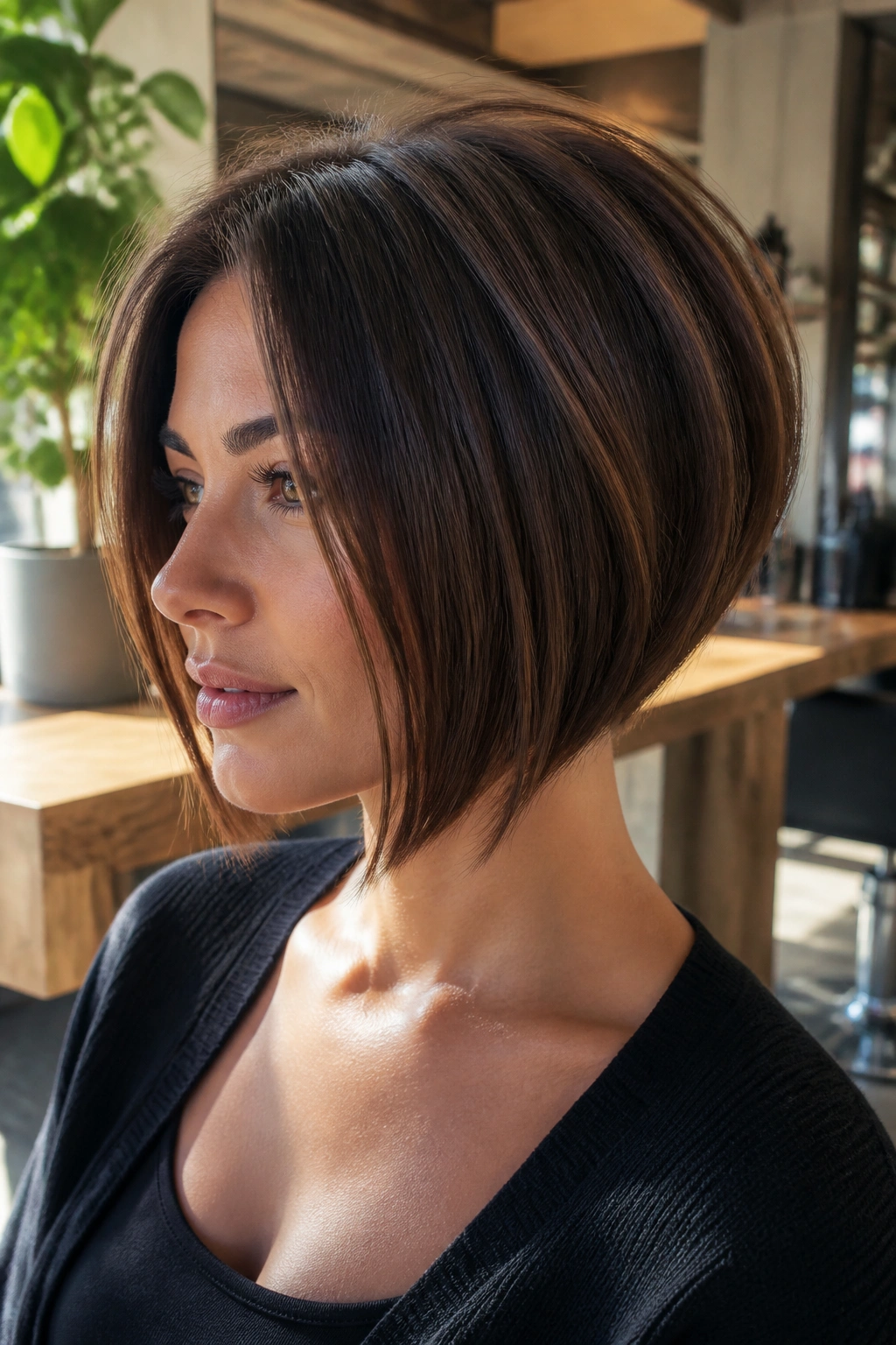 Close-up of a woman with an inverted bob showing stacked back and sleek front in sunlit salon