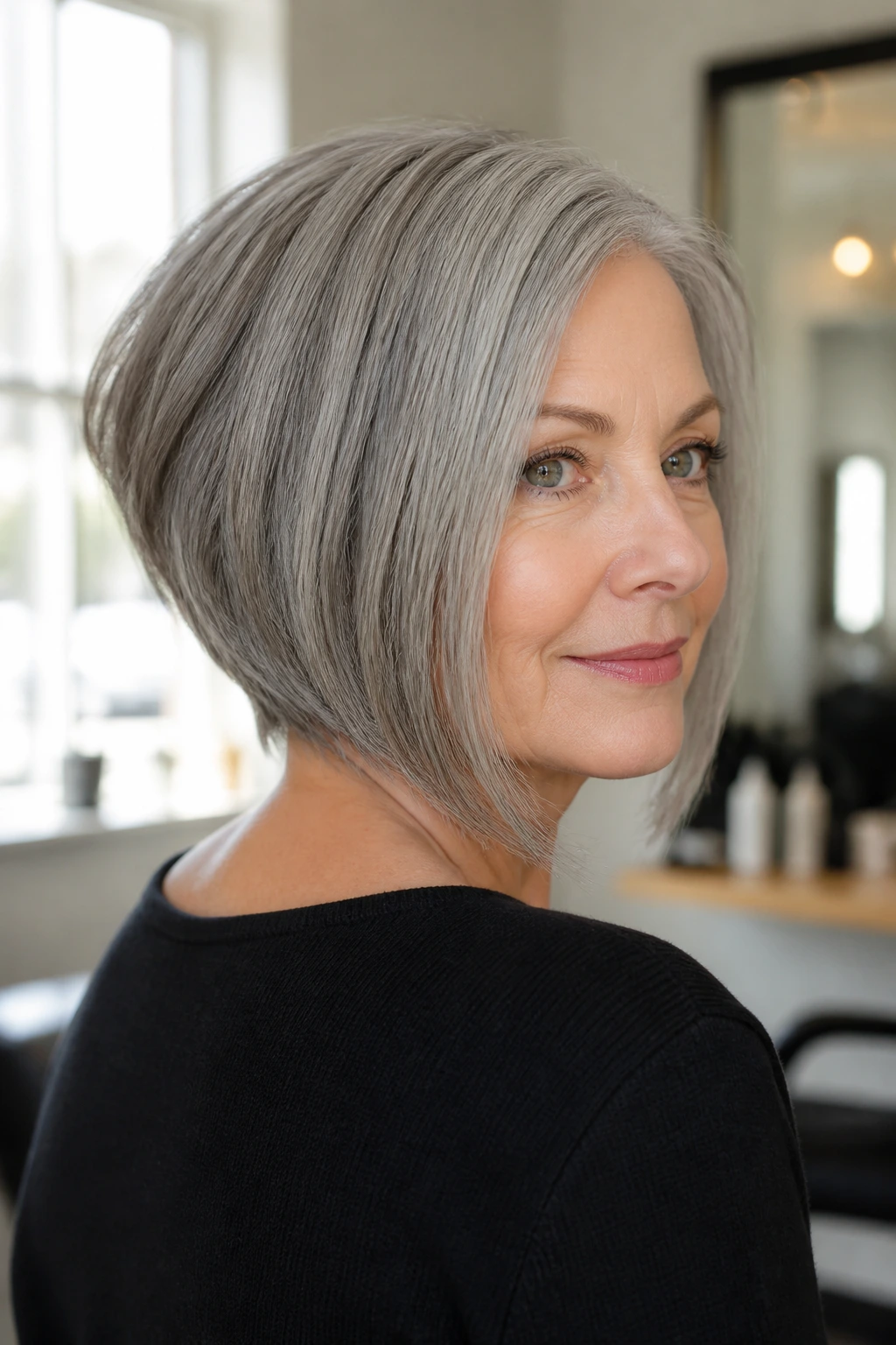 Close-up portrait of a real woman with an inverted bob showing stacked back and longer front in bright light.